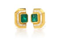 A Pair of Yellow Gold, Emerald and Diamond Earclips, 6.90 dwts.