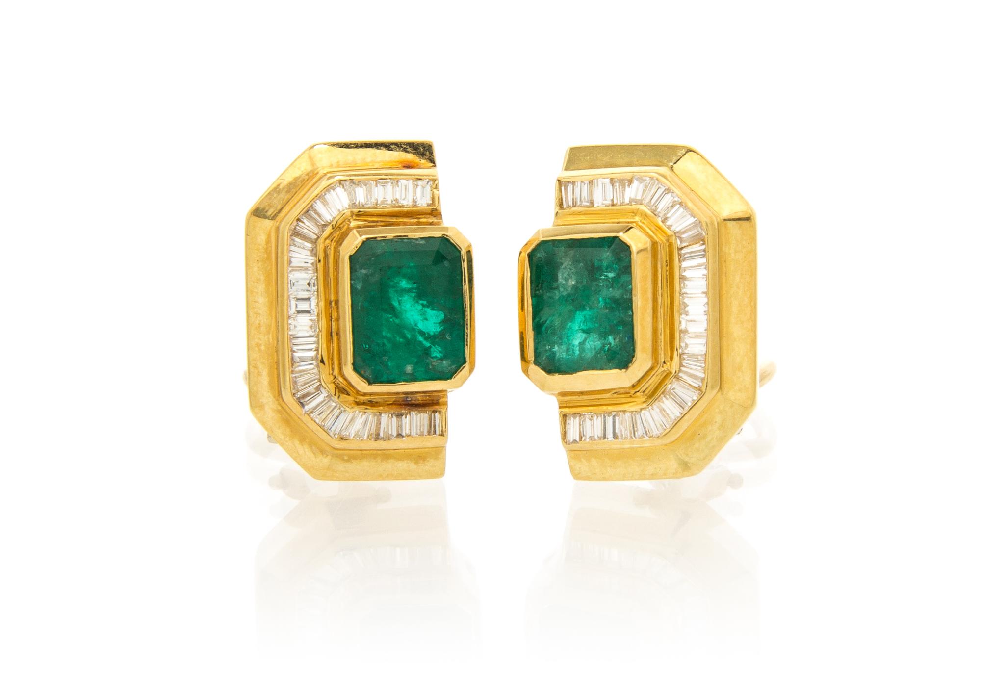 A Pair of Yellow Gold, Emerald and Diamond Earclips, 6.90 dwts.