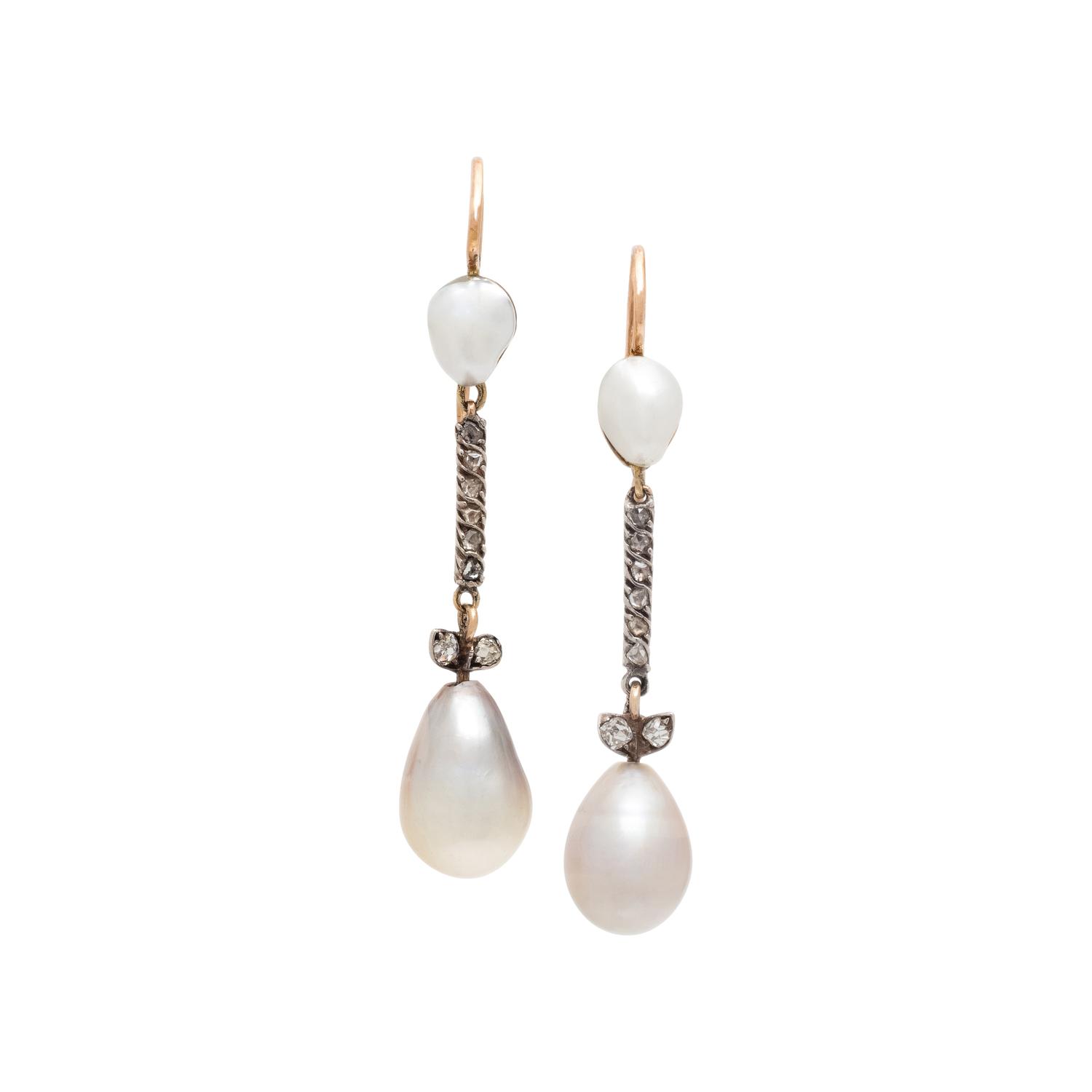RUSSIAN, NATURAL PEARL AND DIAMOND EARRINGS