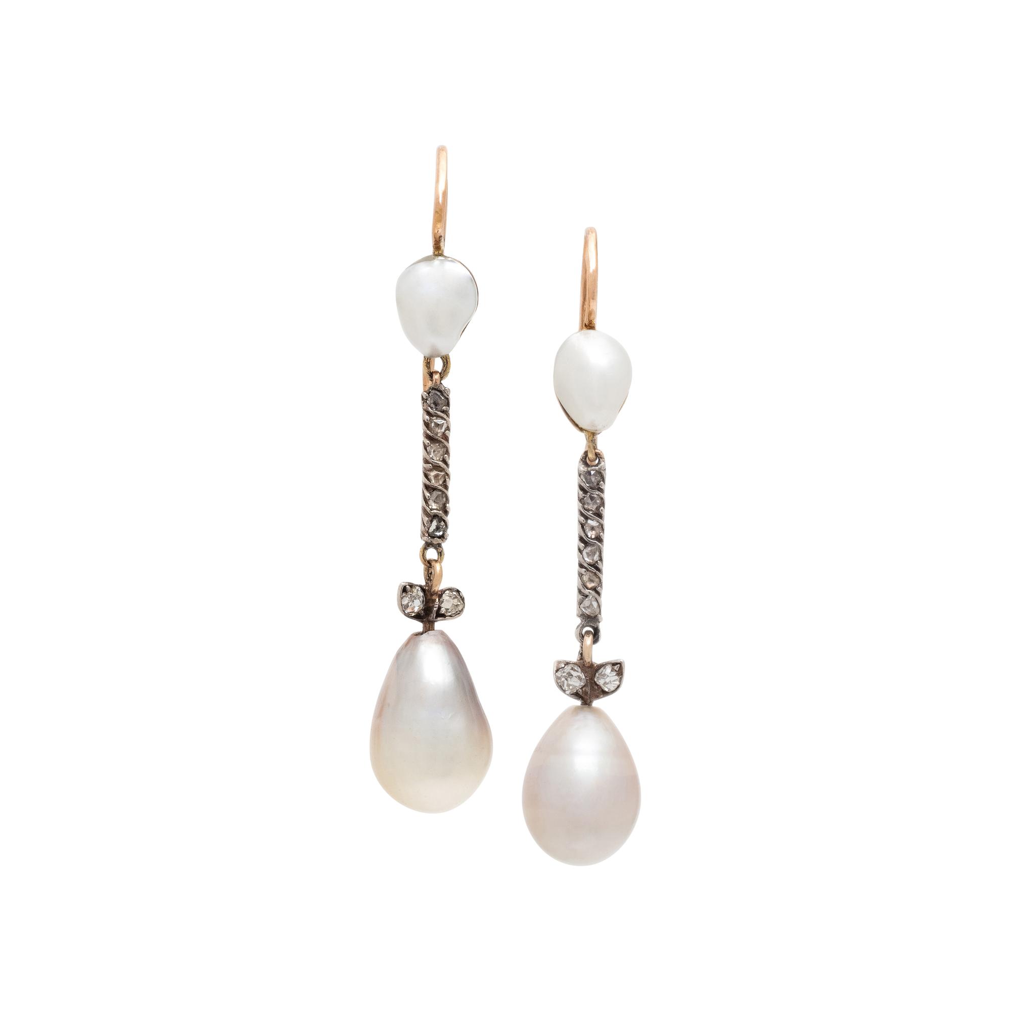 RUSSIAN, NATURAL PEARL AND DIAMOND EARRINGS