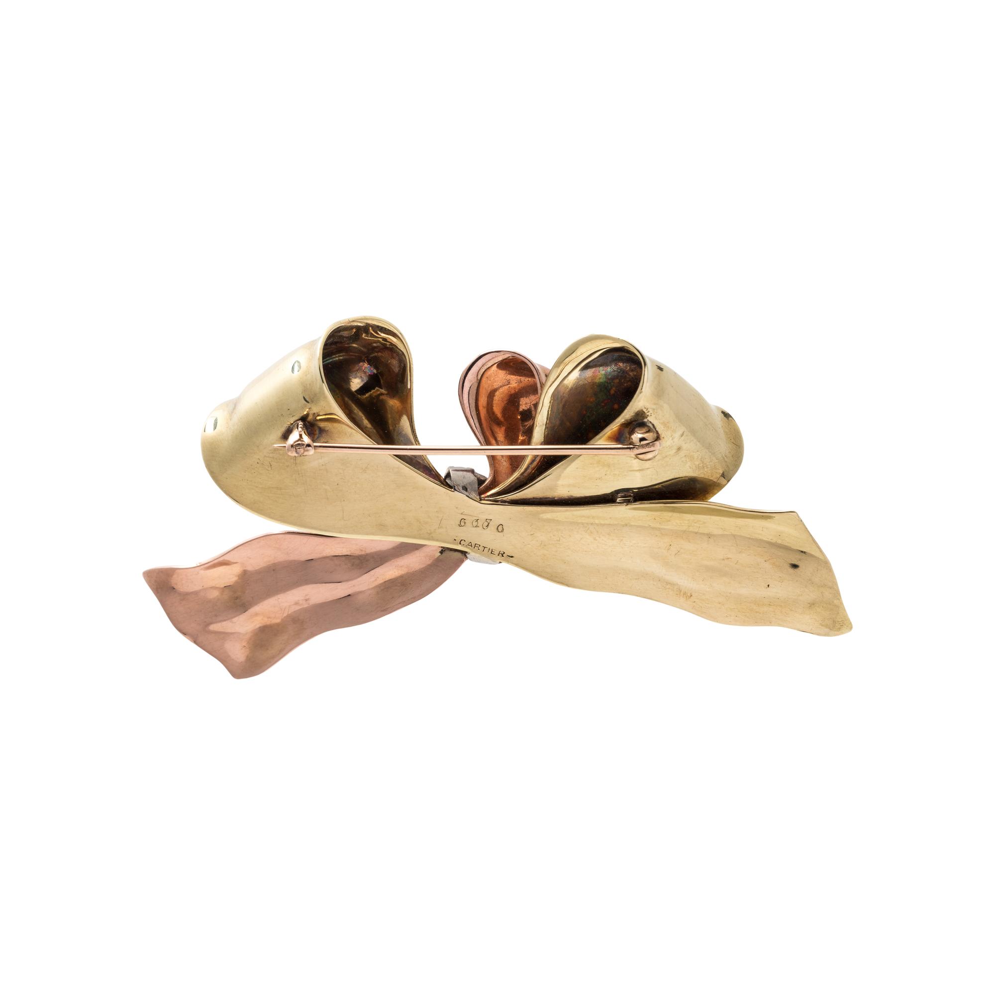 CARTIER, RETRO, BICOLOR GOLD AND DIAMOND BOW BROOCH
