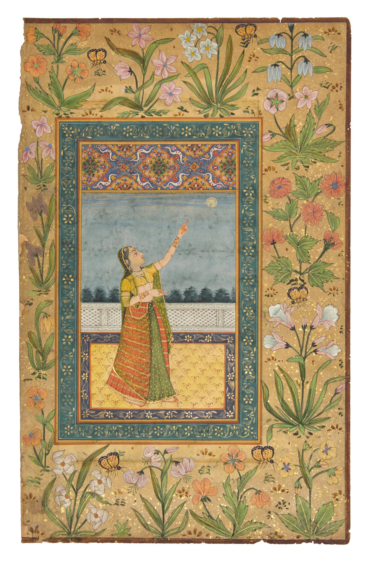 A Very Fine Mughal Miniature Folio: A Ragamala Painting Illustrating a Ragini Scene from the Karwa Chauth Ritual, 19th Century