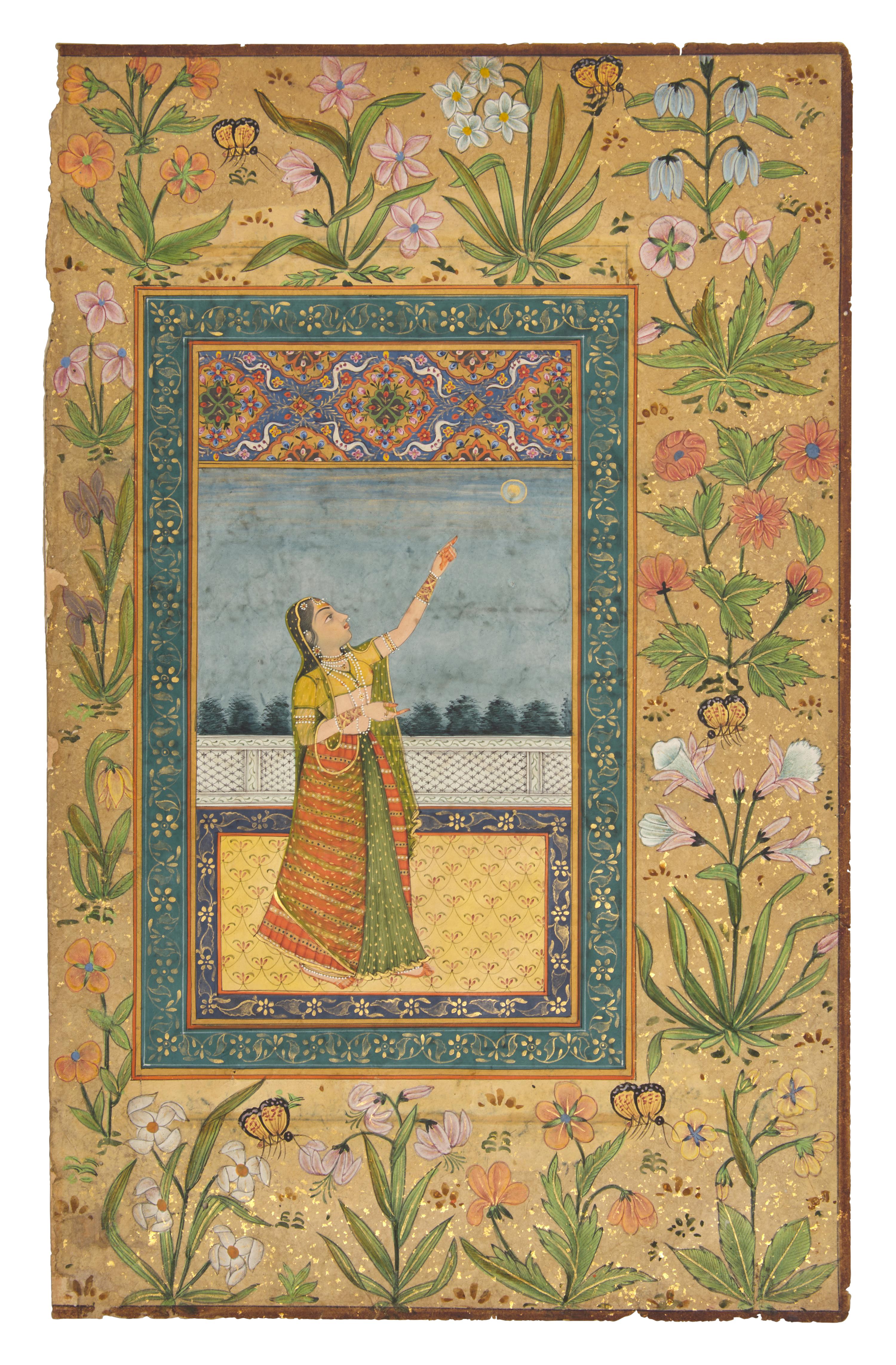 A Very Fine Mughal Miniature Folio: A Ragamala Painting Illustrating a Ragini Scene from the Karwa Chauth Ritual, 19th Century