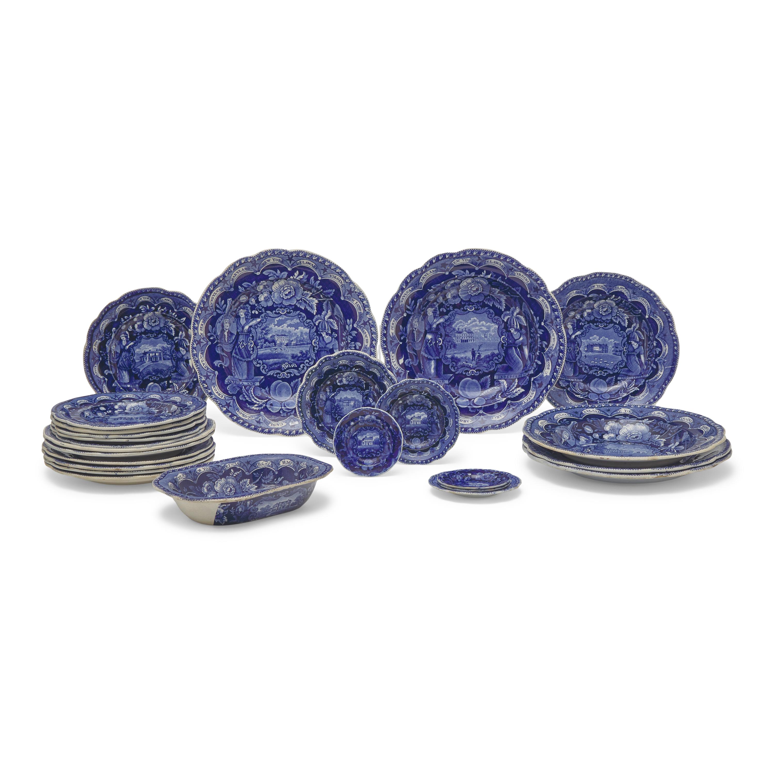 A Collection of 25 Staffordshire Historical Blue States Design Transferware Plates and Dishes, James and Ralph Clews, Cobridge, 1819-1836