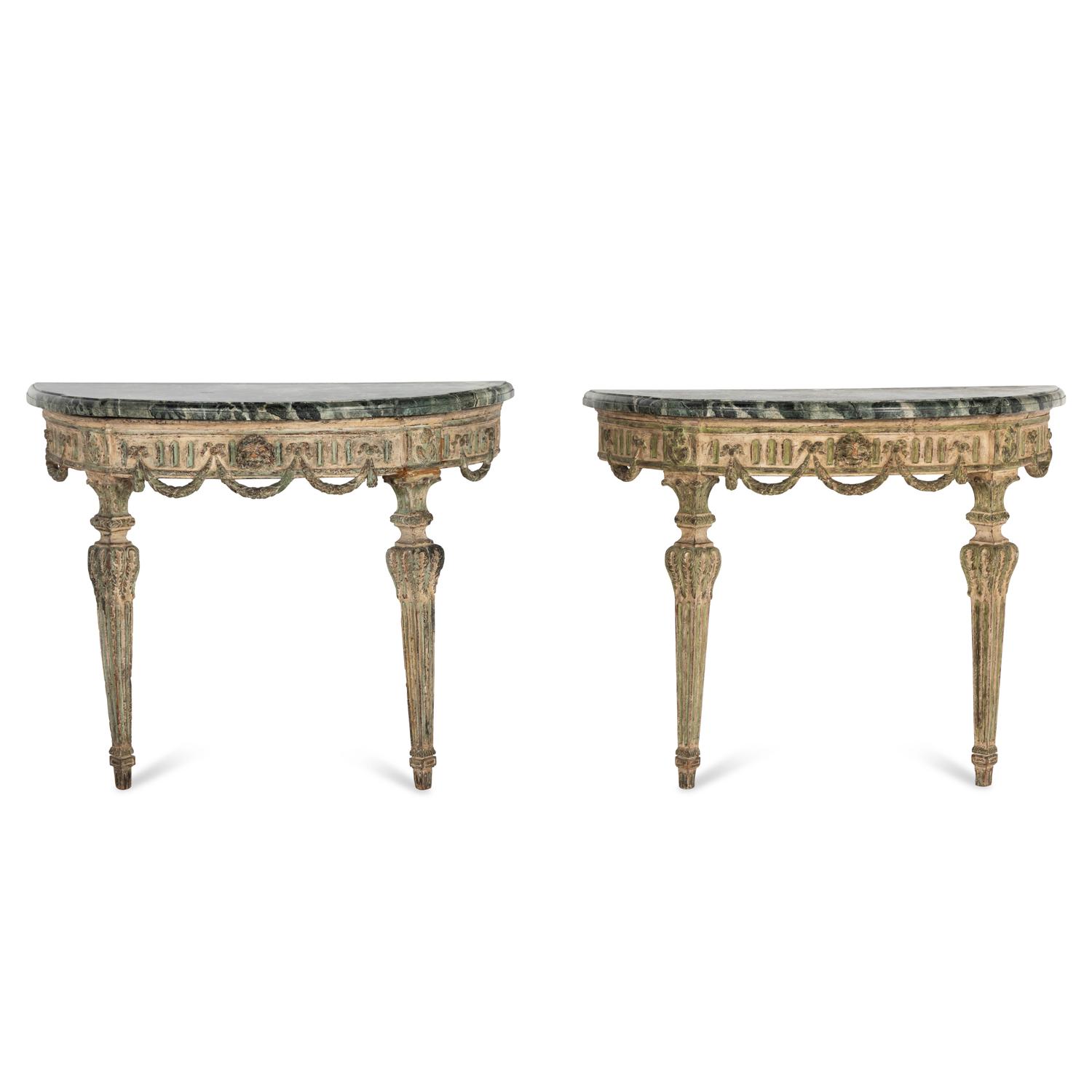 A Pair of Italian Neoclassical White and Green Painted Faux Marble-Top Demilune Console Tables