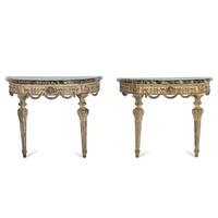 A Pair of Italian Neoclassical White and Green Painted Faux Marble-Top Demilune Console Tables