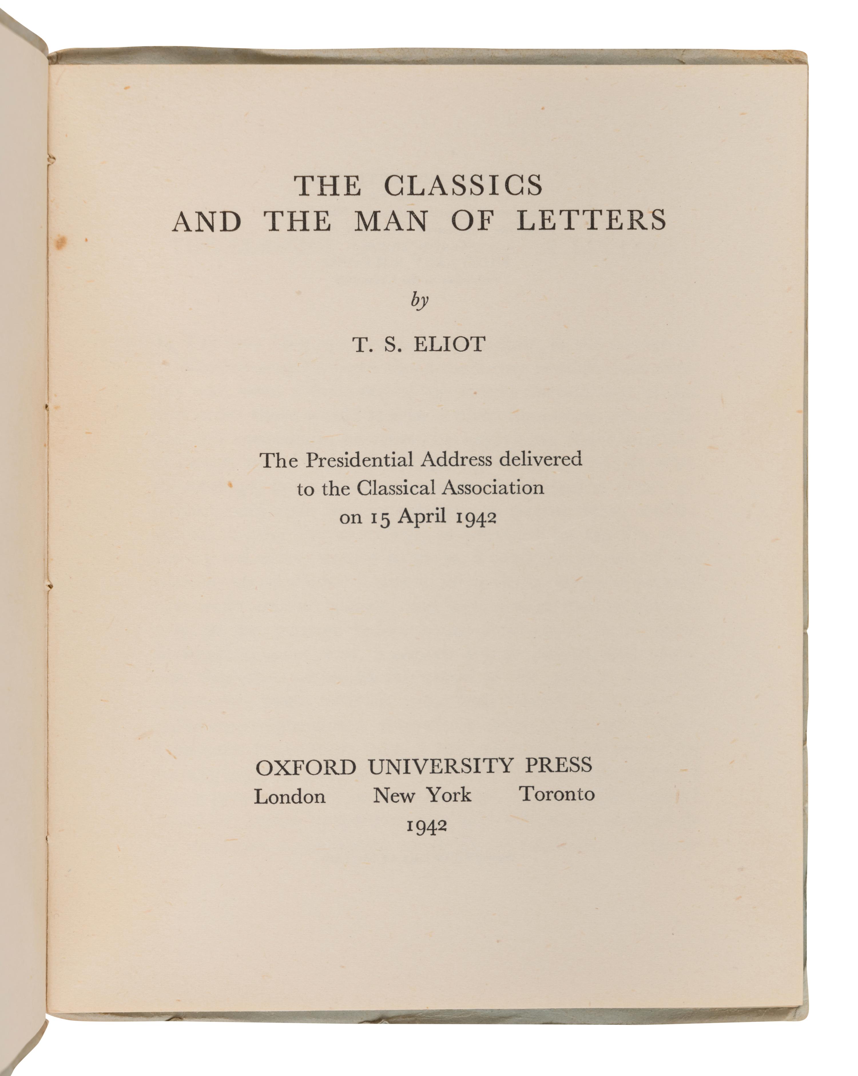 ELIOT, T.S. (1888-1945). A group of 13 works, including: