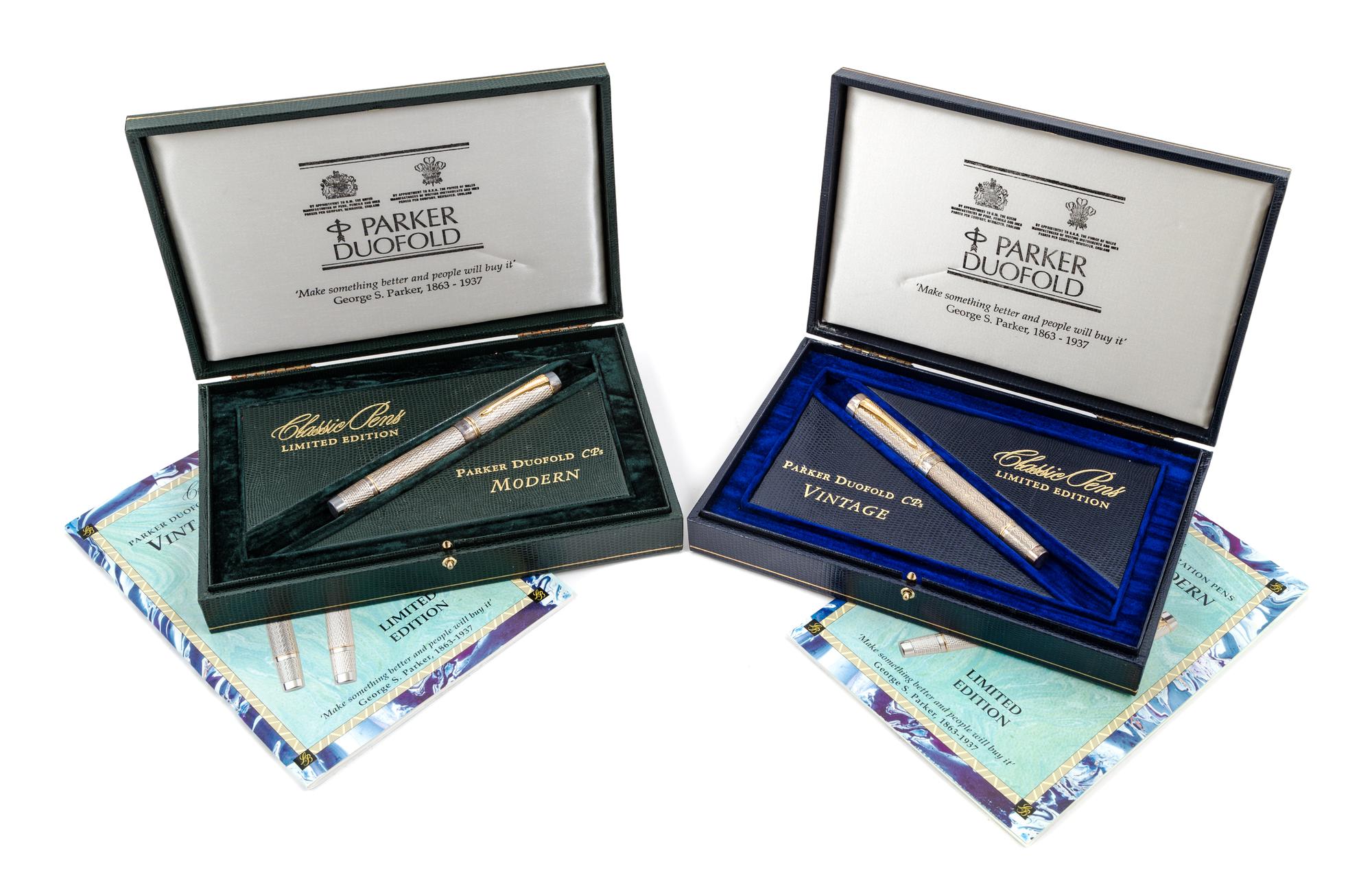 A Parker Duofold Classic Pens Vintage and Modern Celebration Limited Edition Two Pen Set