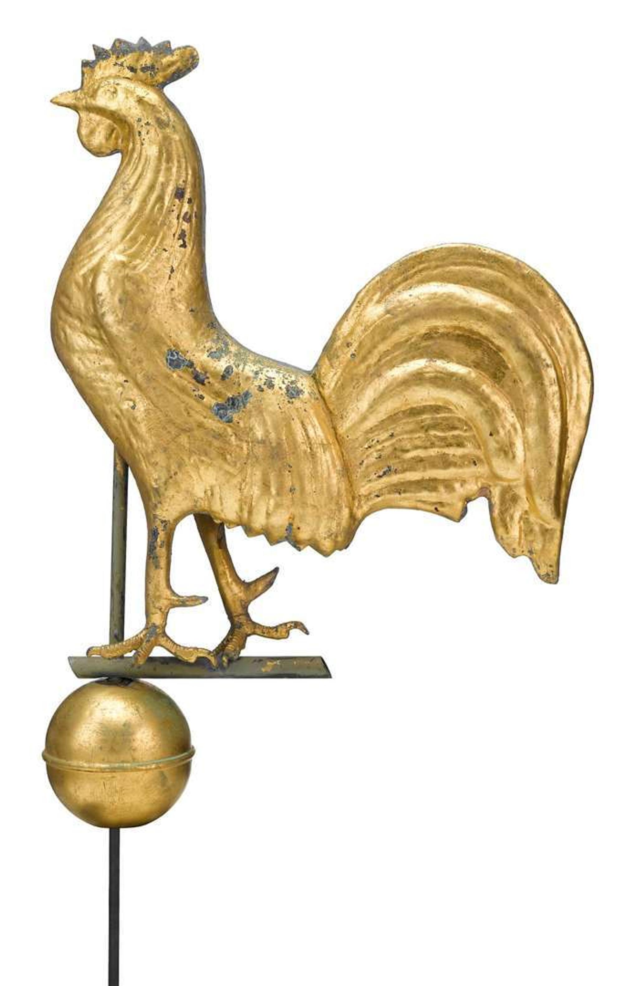 Gilded full-bodied copper rooster weathervane 19th century