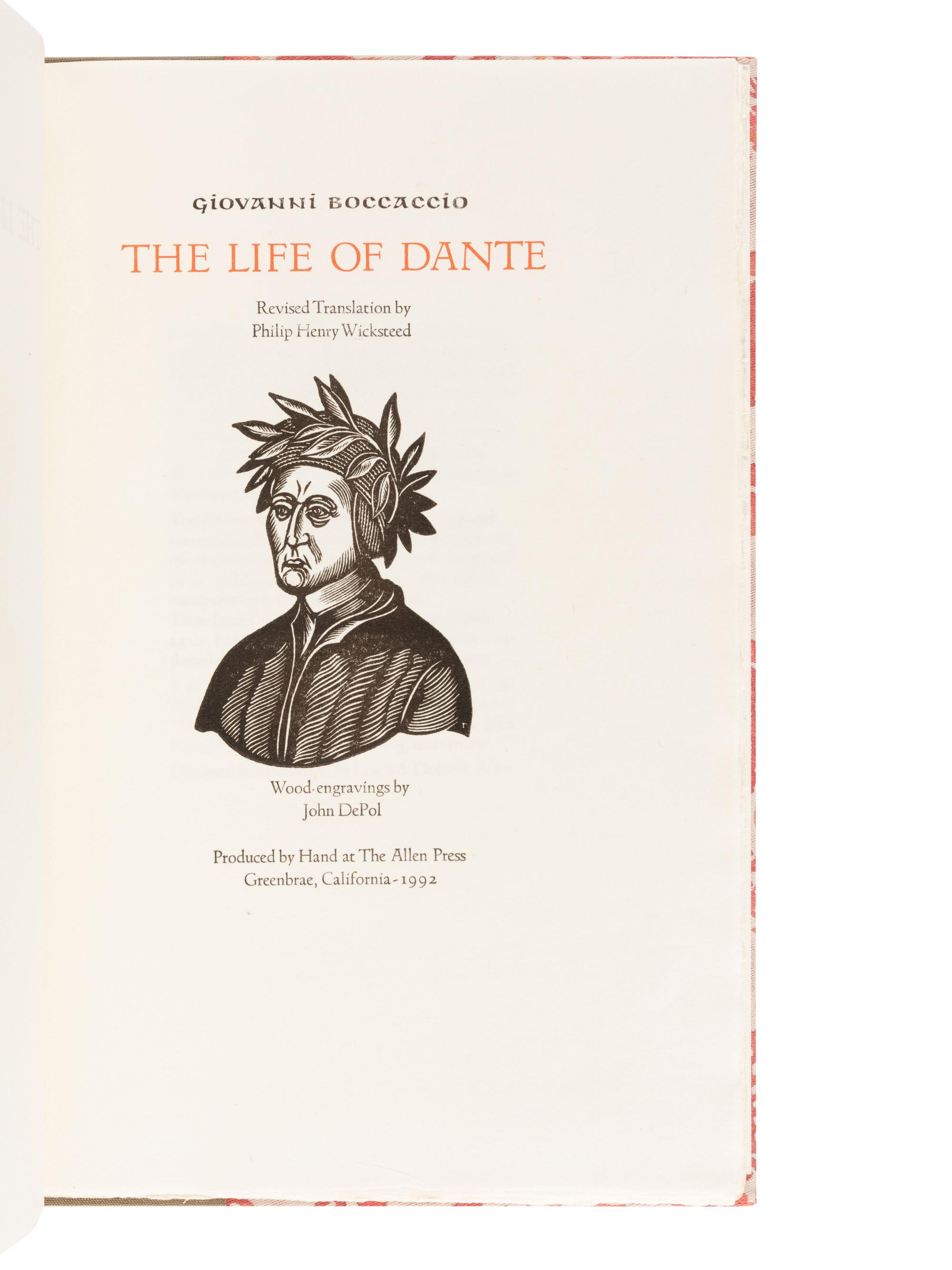 [ALLEN PRESS]. BOCCACCIO, Giovanni (1313-1375) The Life of Dante . Greenbrae, CA: The Allen Press, 1992.