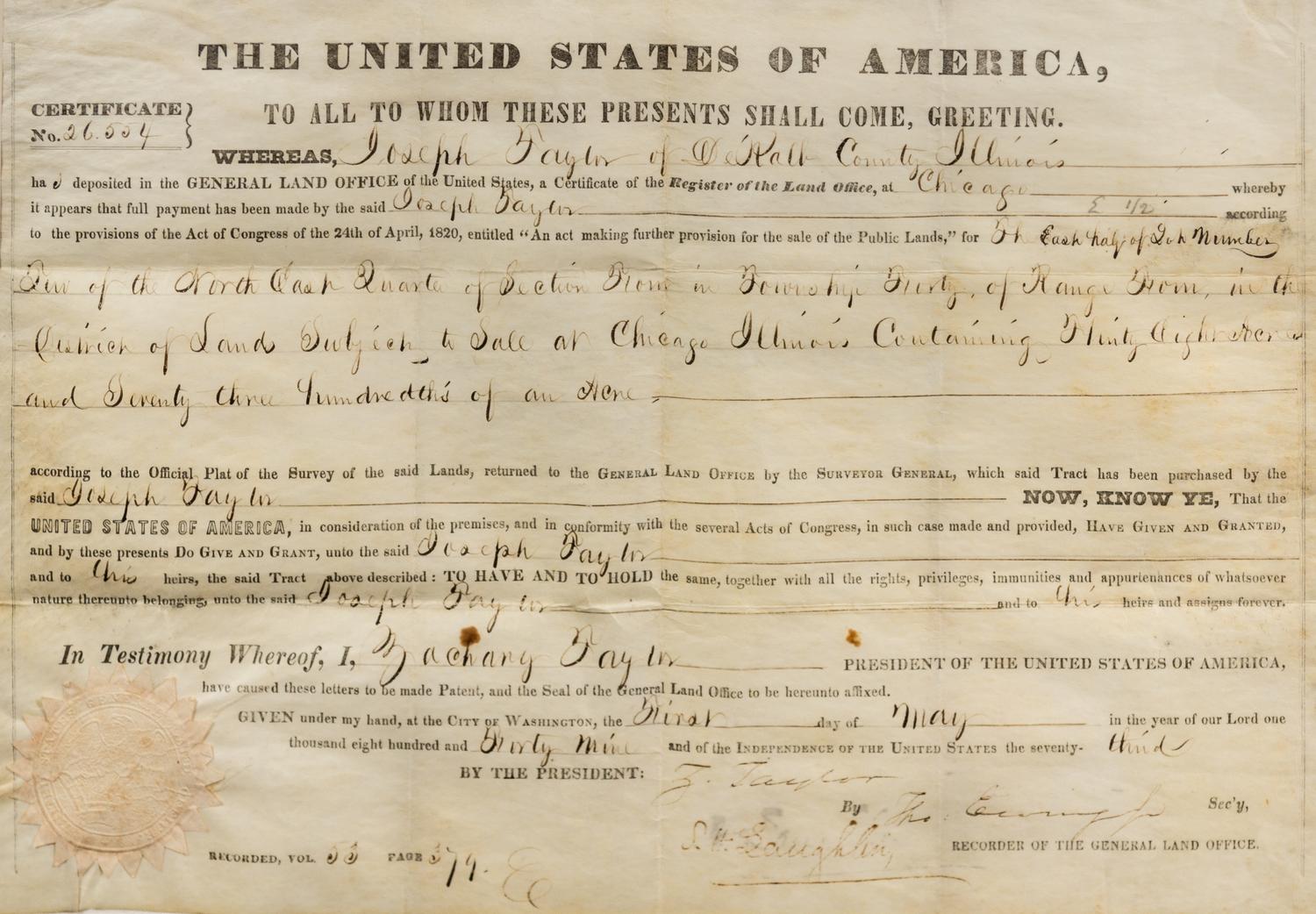 [TAYLOR, Zachary (1784-1850)]. Partially printed secretarial signed document. 1 May 1849.