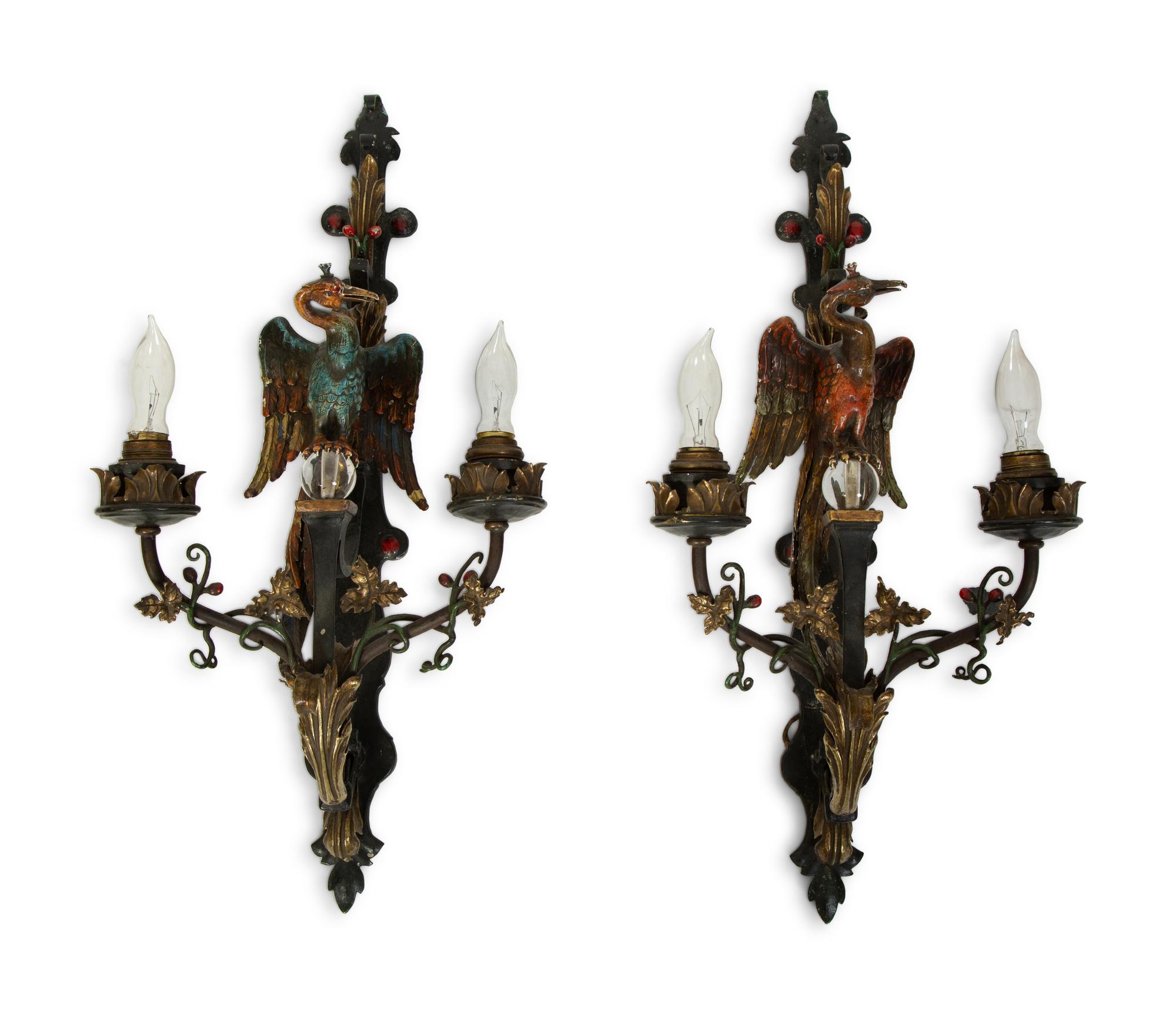 A Pair of Whimsical Cold Painted Bronze Sconces — 20TH CENTURY