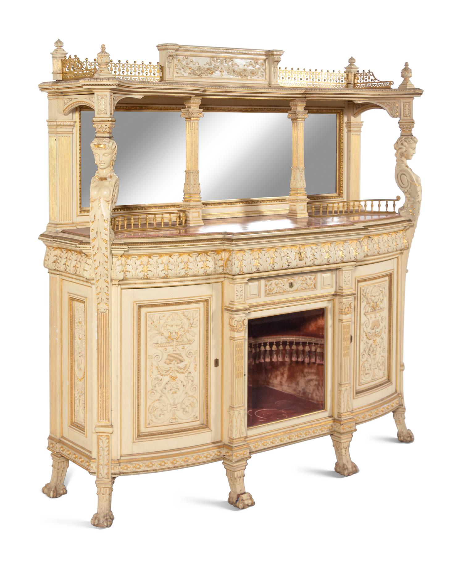 A Fine Renaissance Revival Parcel Gilt and Ivory-Painted Cabinet