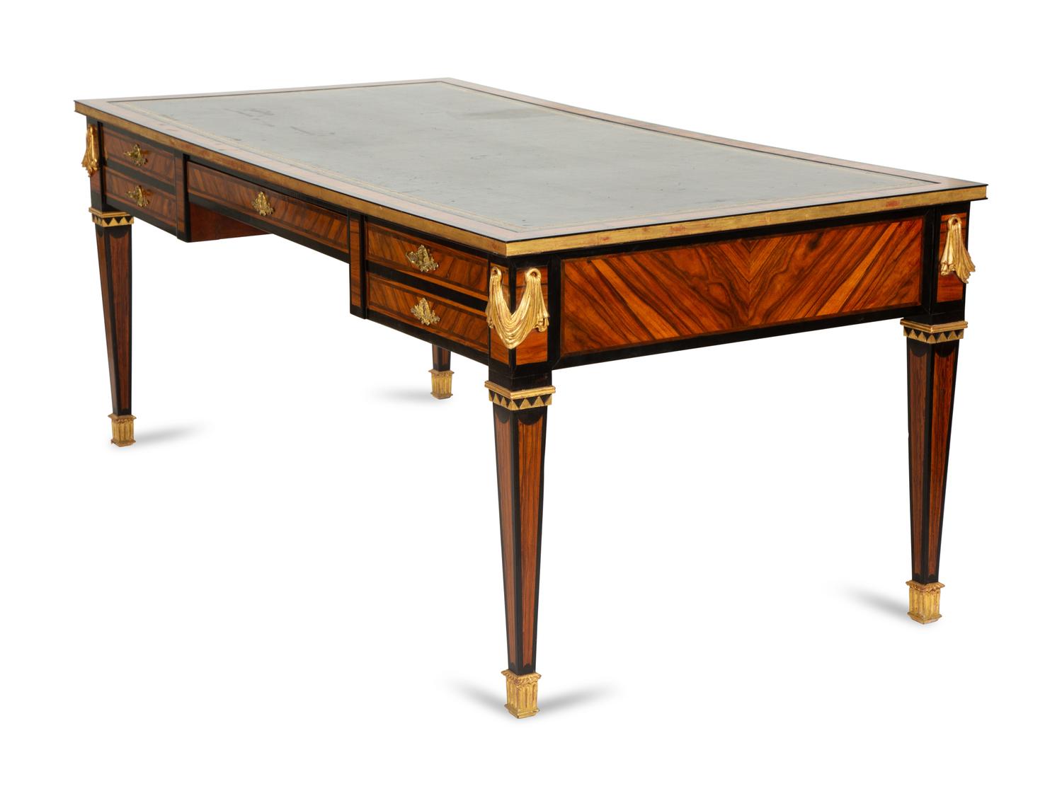 An Empire Style Cross Banded Walnut and Ebonized Bureau Plat