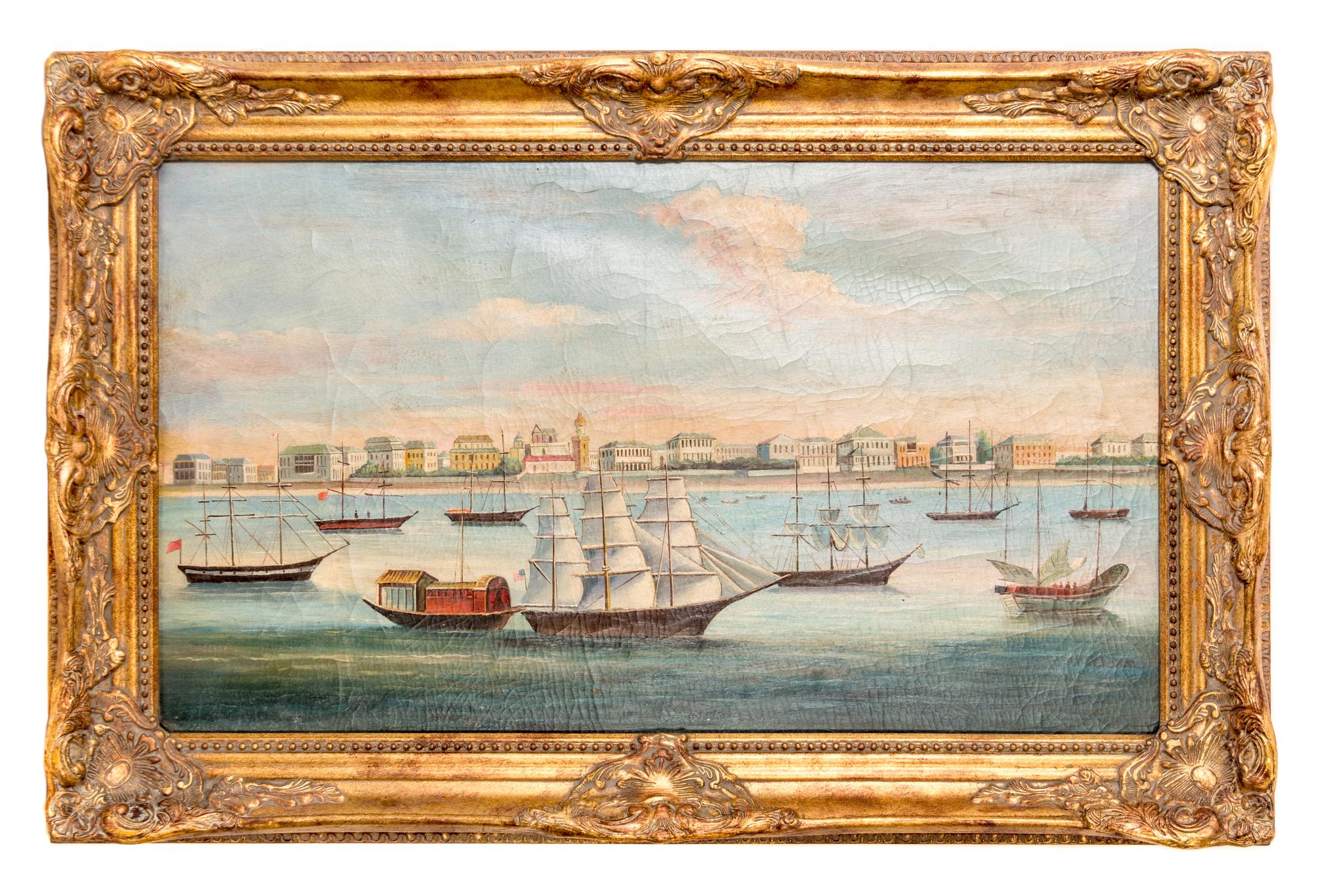 A Chinese Export Oil Painting 16 1/2 x 28 1/2 inches (visible).