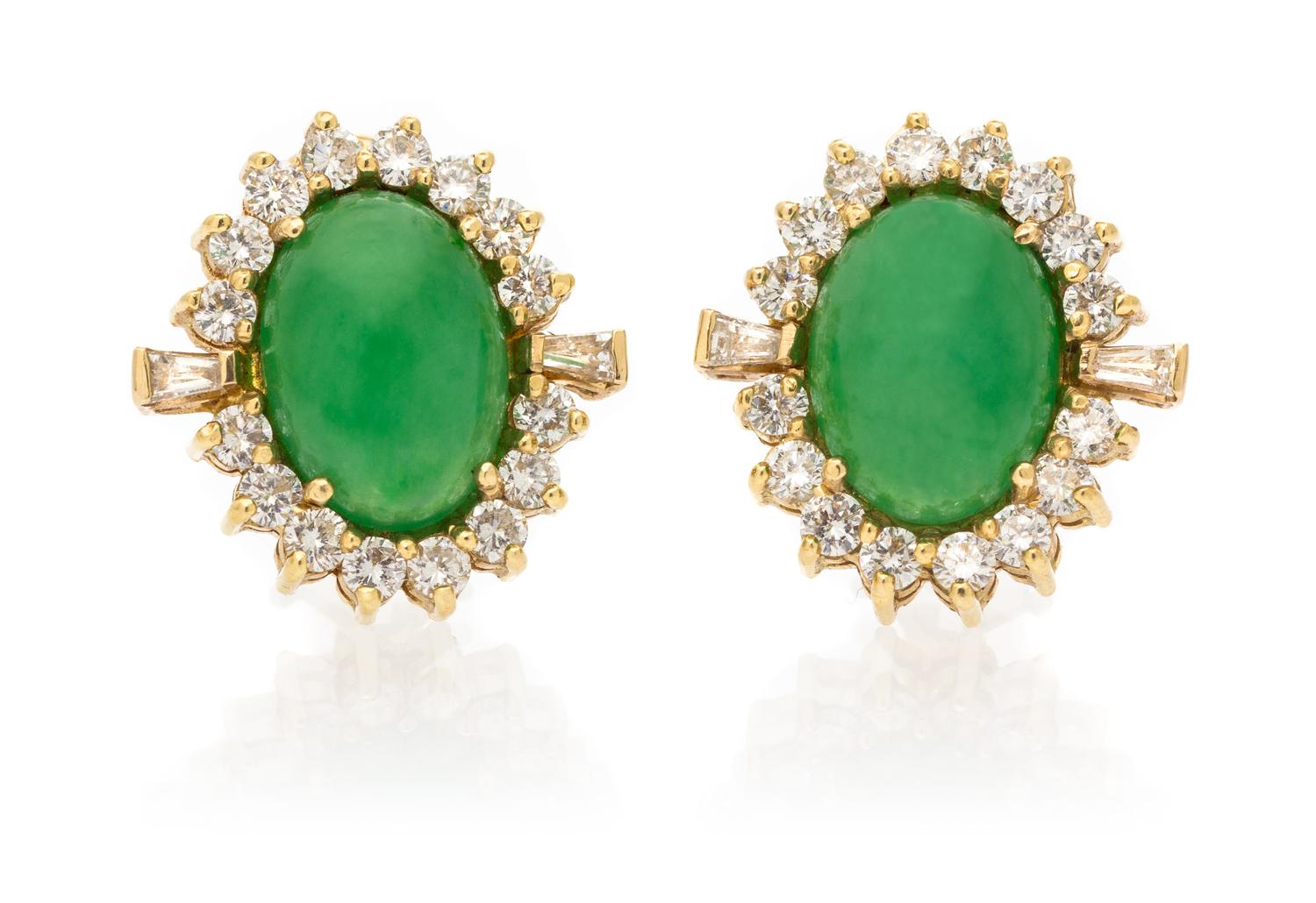 A Pair of 18 Karat Yellow Gold, Jadeite and Diamond Earclips, 6.80 dwts.