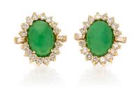 A Pair of 18 Karat Yellow Gold, Jadeite and Diamond Earclips, 6.80 dwts.