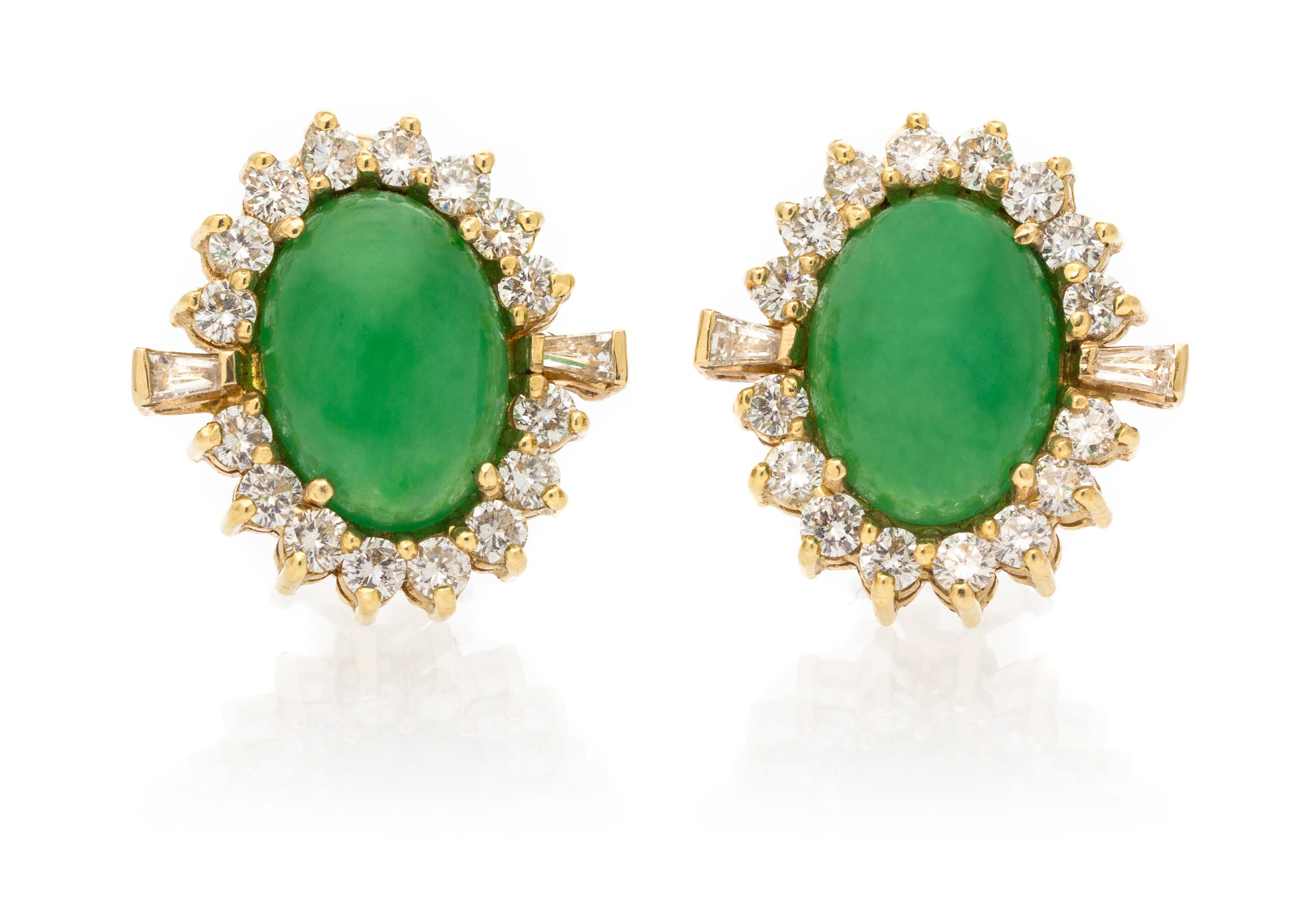 A Pair of 18 Karat Yellow Gold, Jadeite and Diamond Earclips, 6.80 dwts.