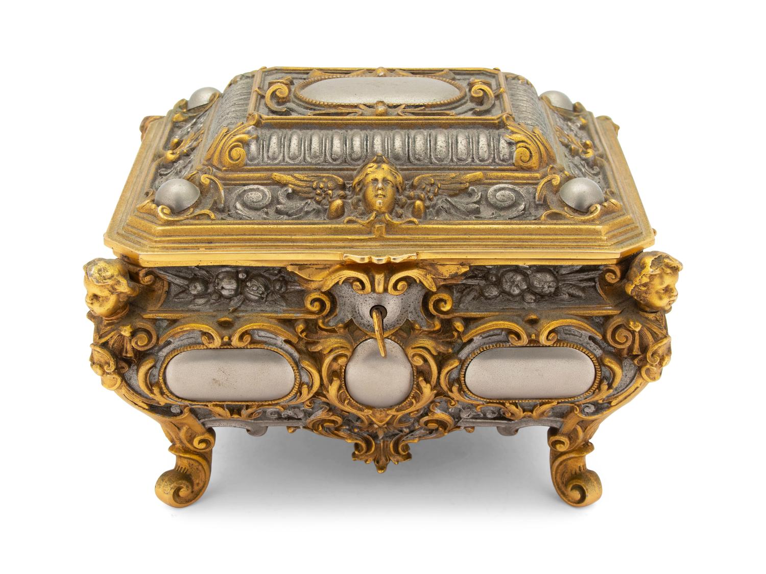 A French Belle Opaque Style Silvered and Gilt Metal Jewelry Casket — 20TH CENTURY