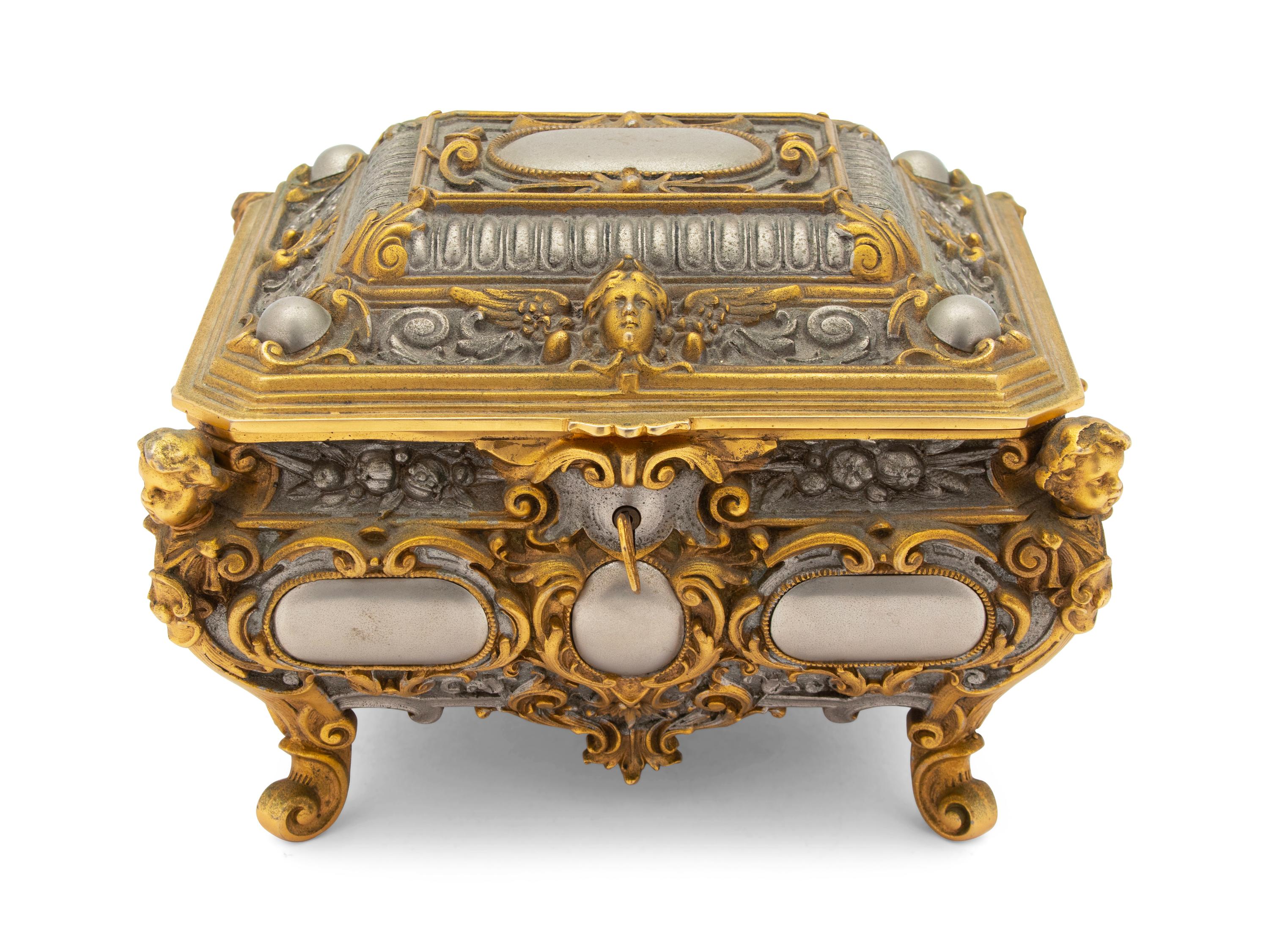 A French Belle Opaque Style Silvered and Gilt Metal Jewelry Casket — 20TH CENTURY
