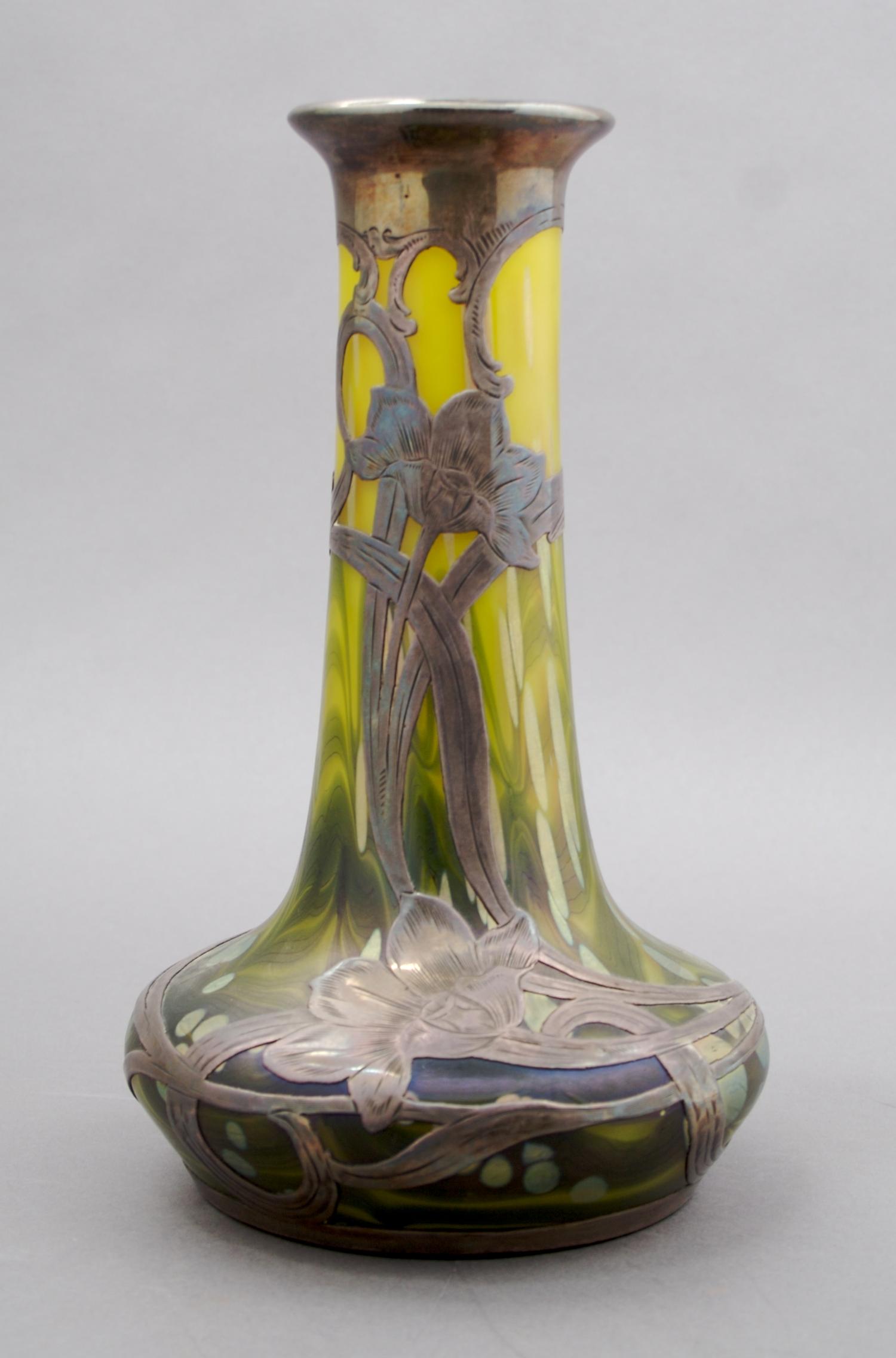 A Loetz Silver Overlay Glass Vase, Height 8 1/4 inches.