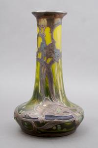 A Loetz Silver Overlay Glass Vase, Height 8 1/4 inches.