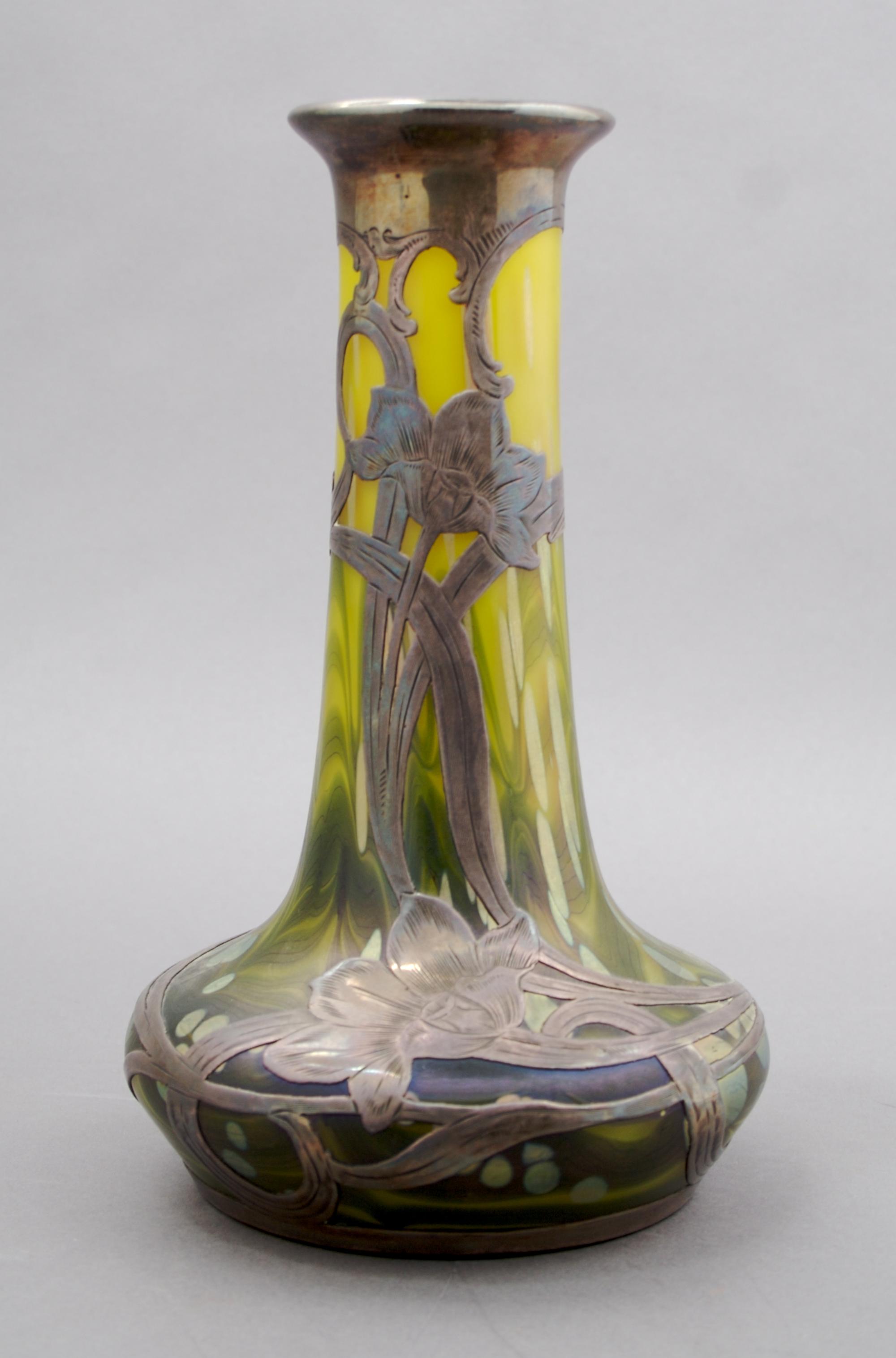 A Loetz Silver Overlay Glass Vase, Height 8 1/4 inches.