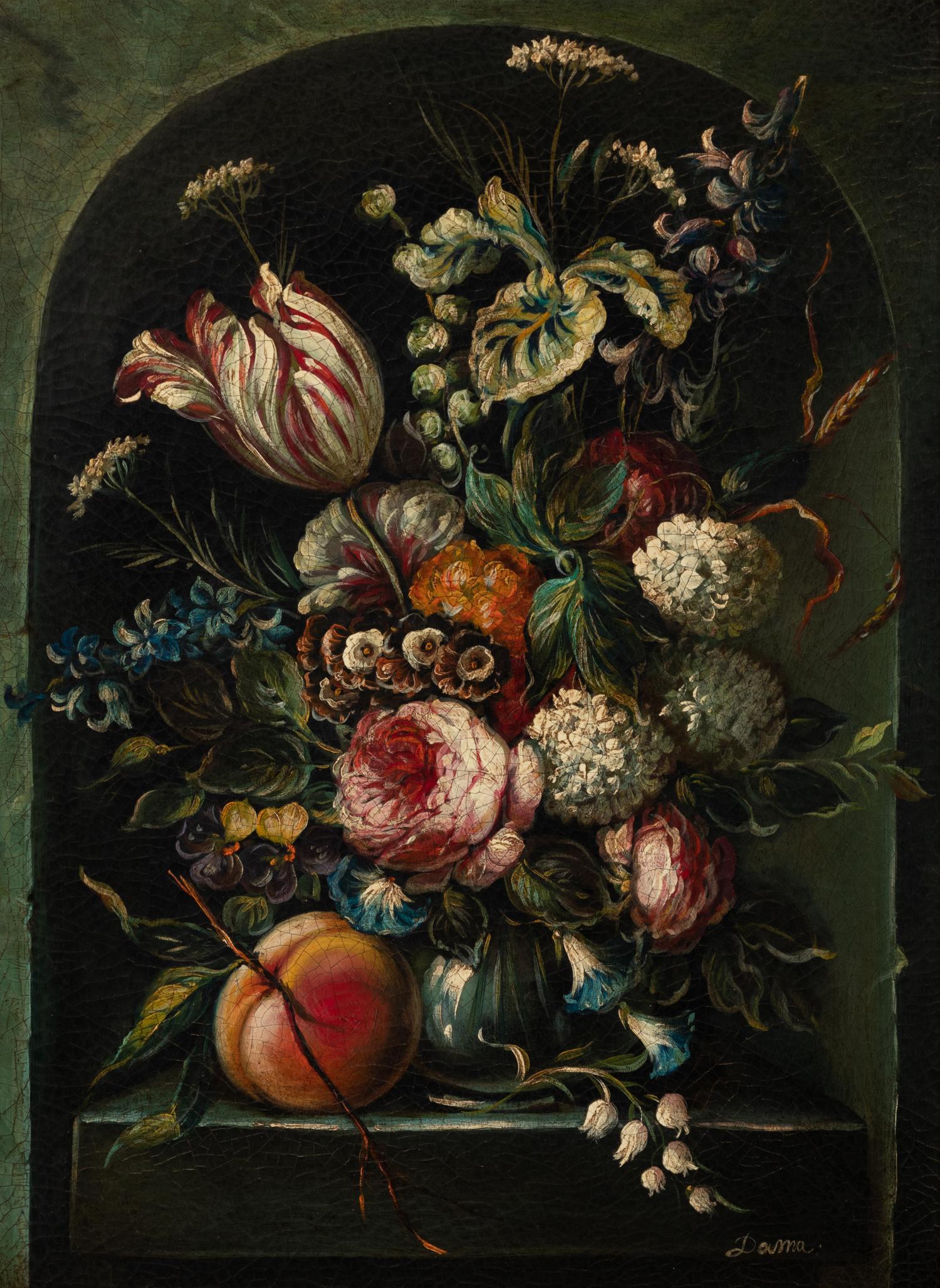 Still Lifes with Flowers and a Peach (a pair of works)