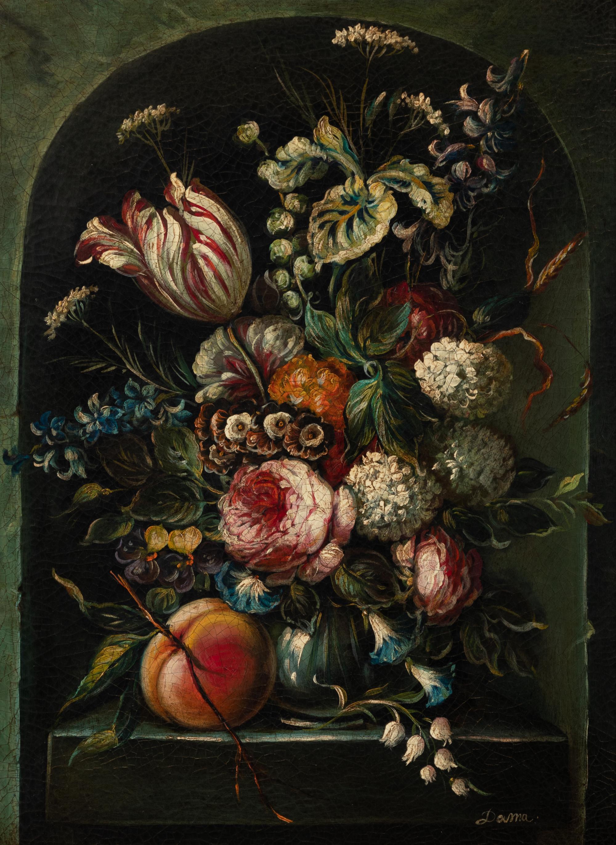 Still Lifes with Flowers and a Peach (a pair of works)