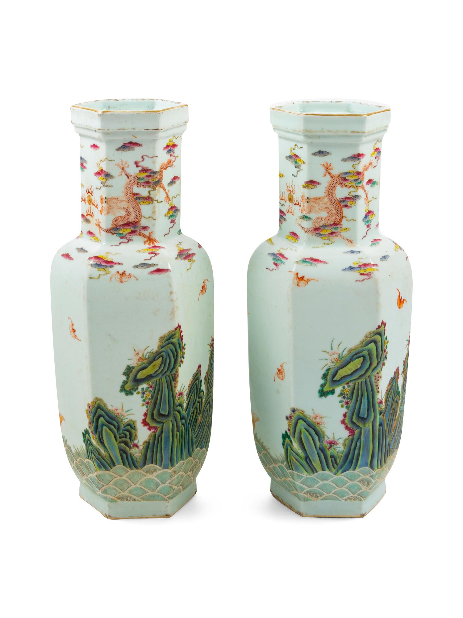 A Pair of Chinese Famille Rose Porcelain Hexagonal Vases