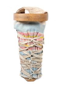A Navajo Wood, Cloth, Leather Cradleboard Height 28 x width 13 1/4 inches.