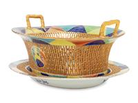 A Chinese Export Tobacco Leaf Reticulated Porcelain Basket and Underplate