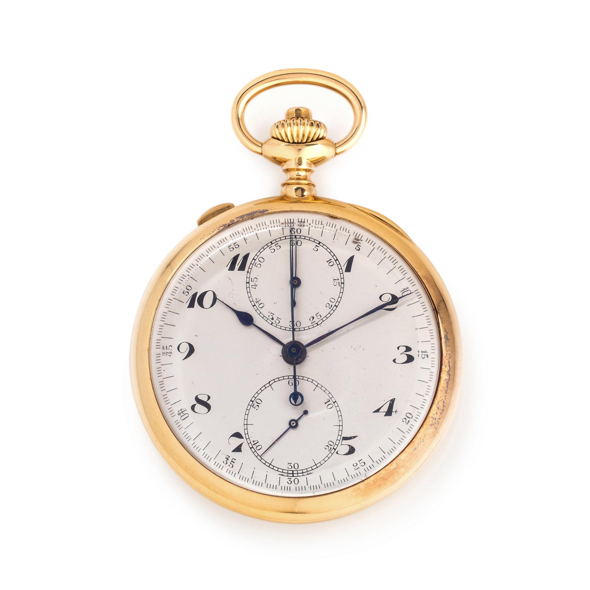 18K YELLOW GOLD SPLIT SECOND CHRONOGRAPH OPEN FACE POCKET WATCH