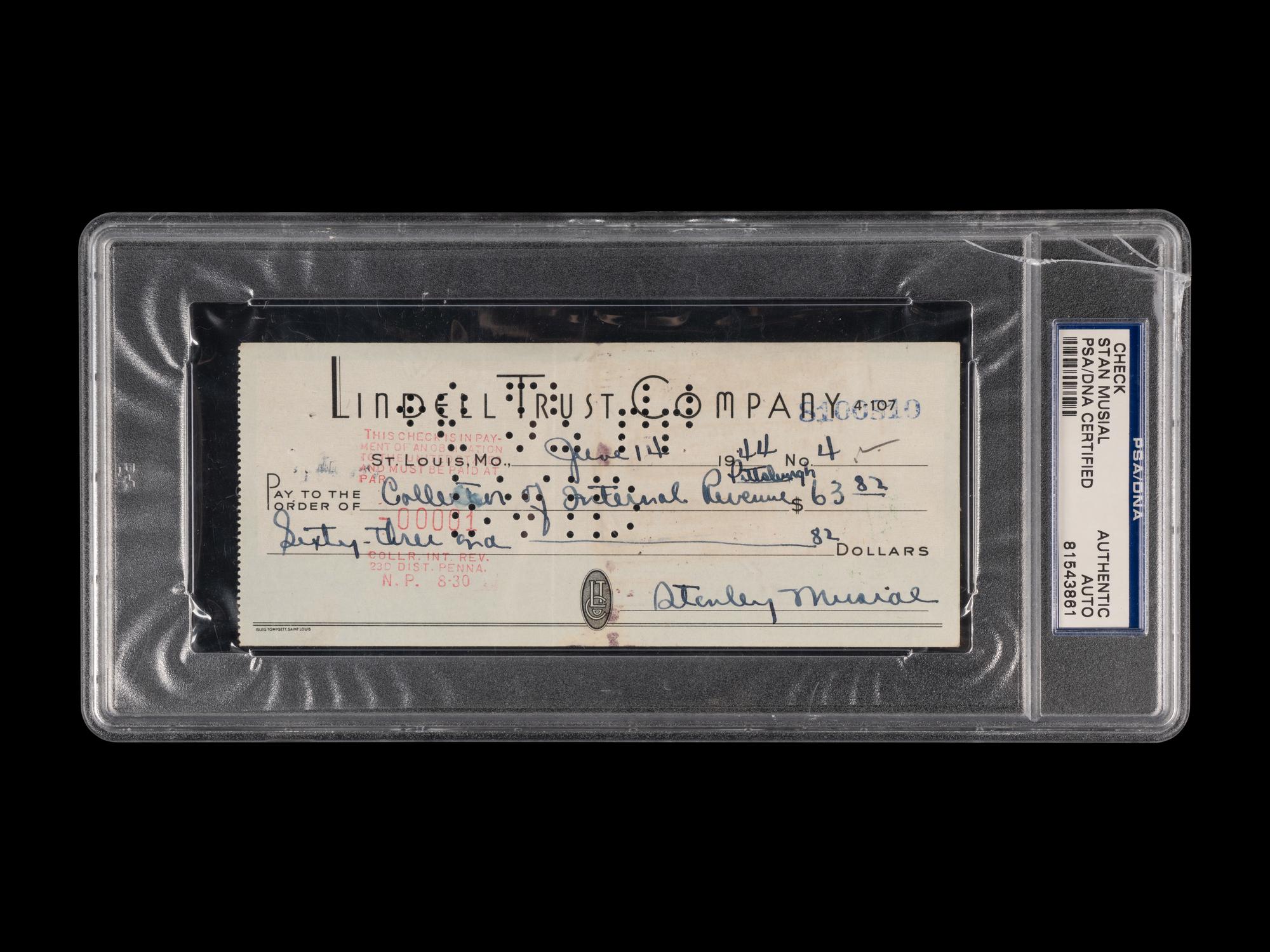 A Stan Musial Signed Autograph 1944 Check (PSA Encapsulated)