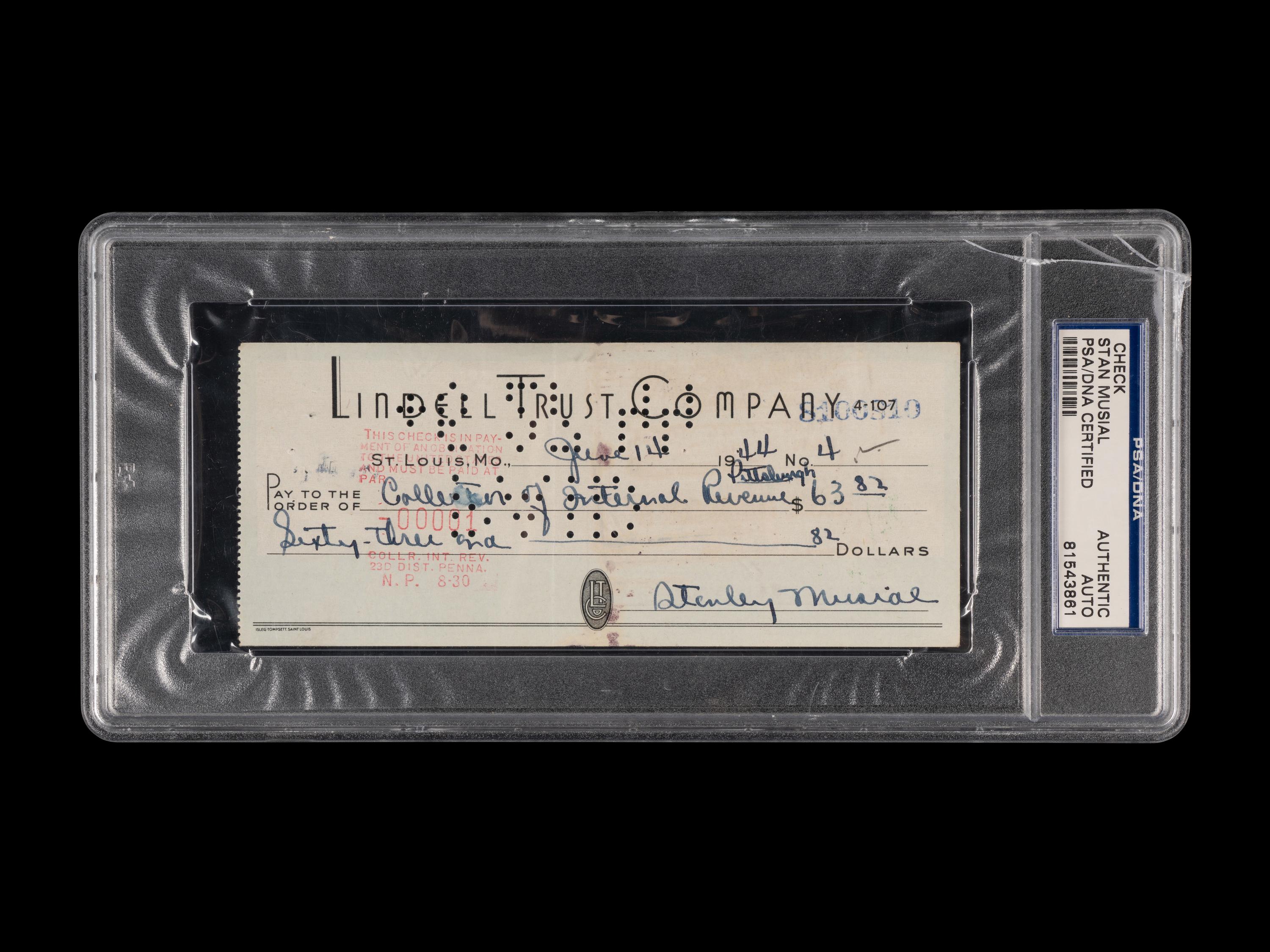 A Stan Musial Signed Autograph 1944 Check (PSA Encapsulated)
