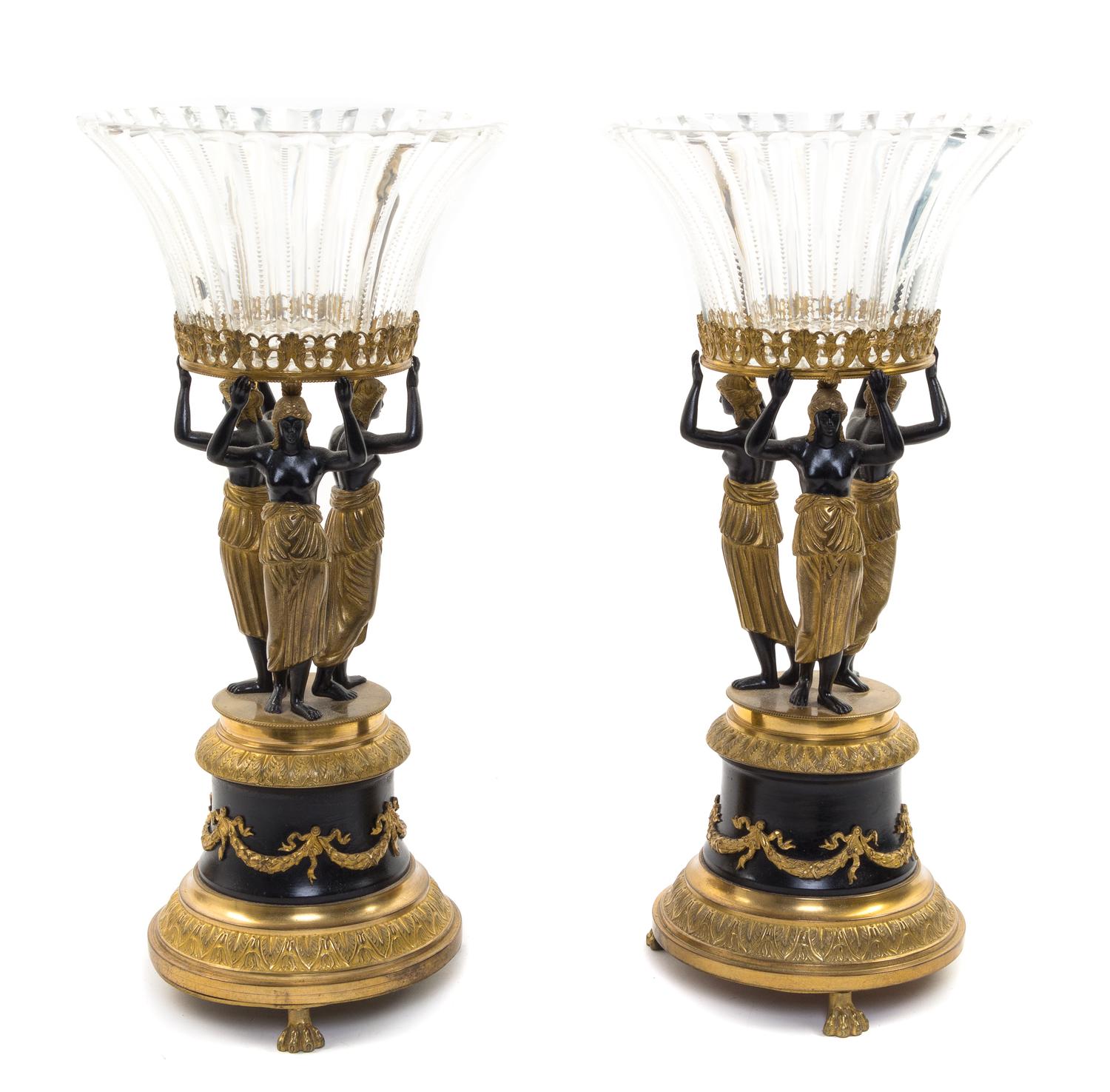 A Pair of Empire Style Gilt and Patinated Bronze Figural Centerpiece Bowls Height overall 17 inches.