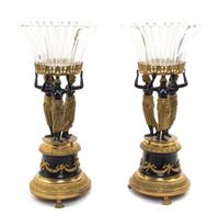 A Pair of Empire Style Gilt and Patinated Bronze Figural Centerpiece Bowls Height overall 17 inches.