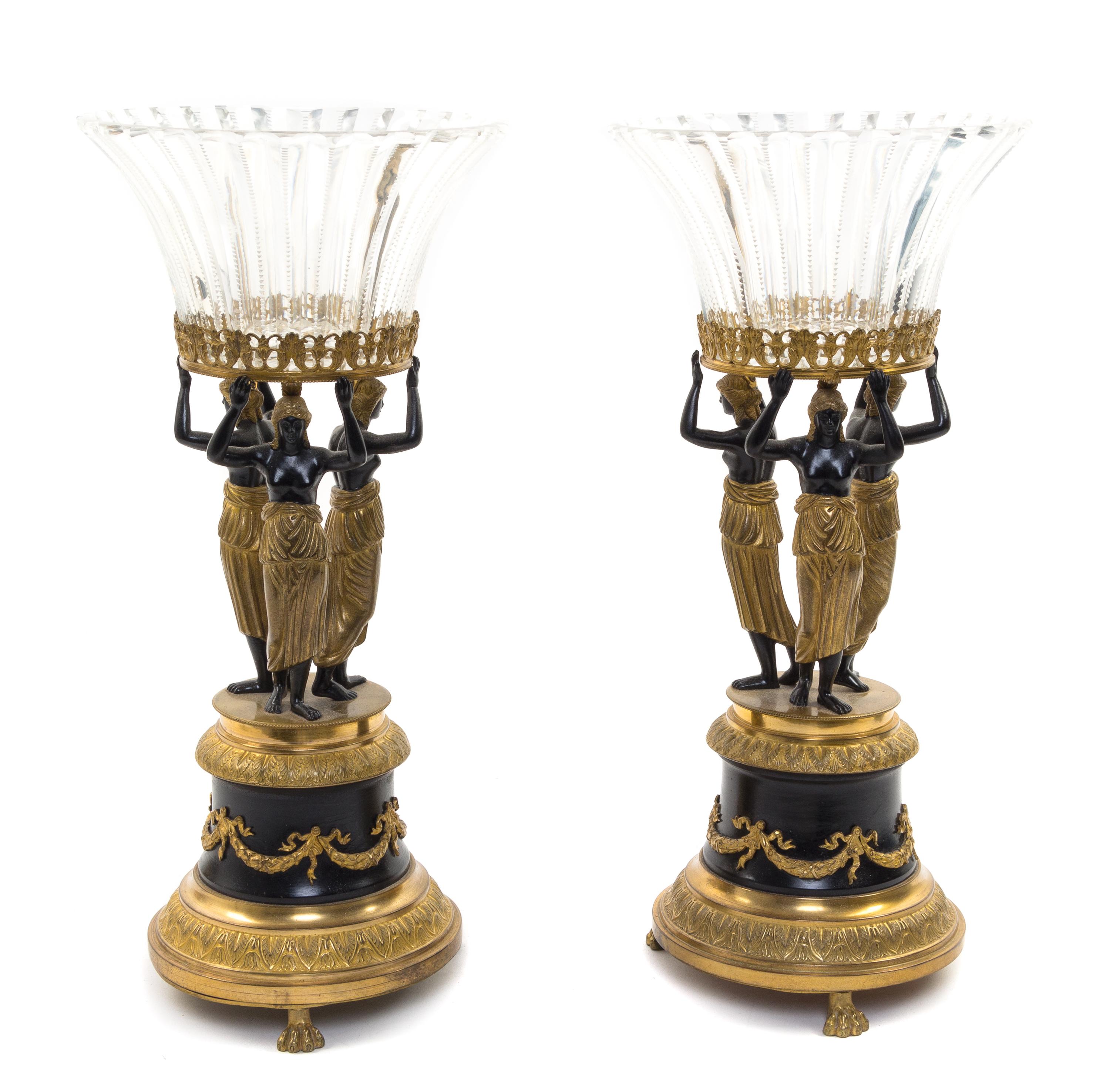 A Pair of Empire Style Gilt and Patinated Bronze Figural Centerpiece Bowls Height overall 17 inches.