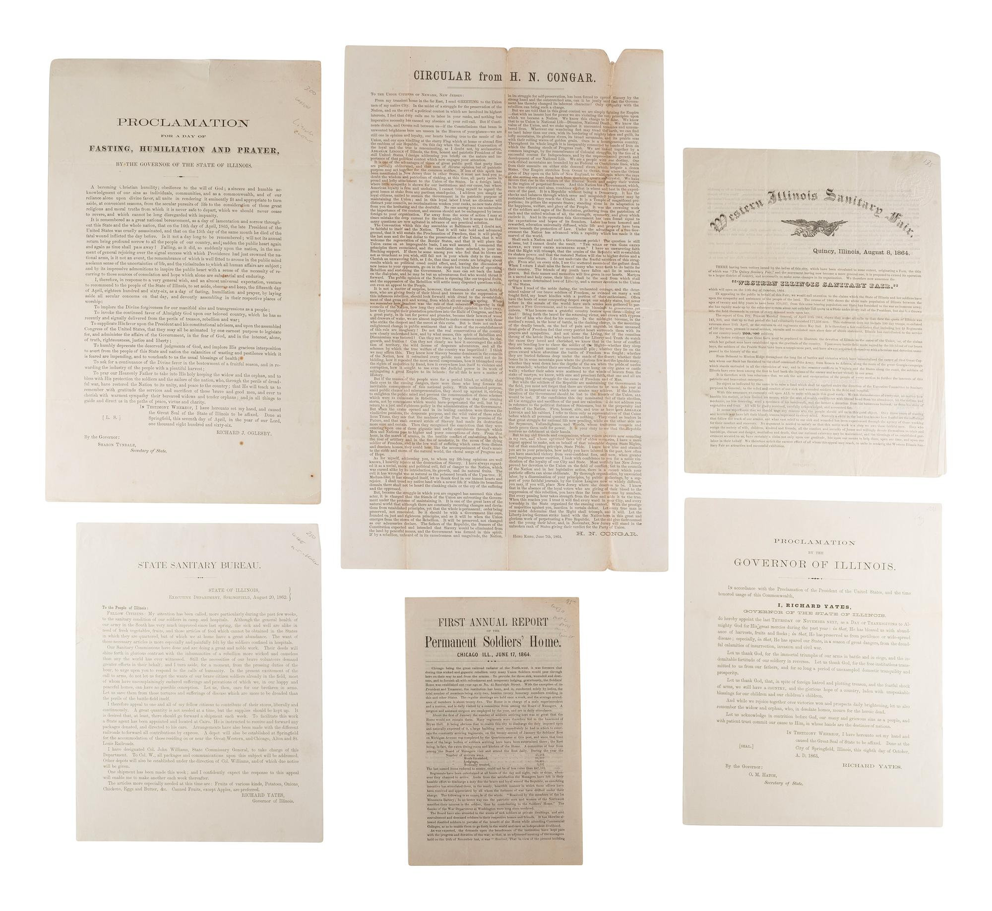 [CIVIL WAR]. A group of imprints and broadsides related to the Illinois war effort, including Sanitary Fairs, Soldiers' Homes, and proclamations for fasting and prayer.