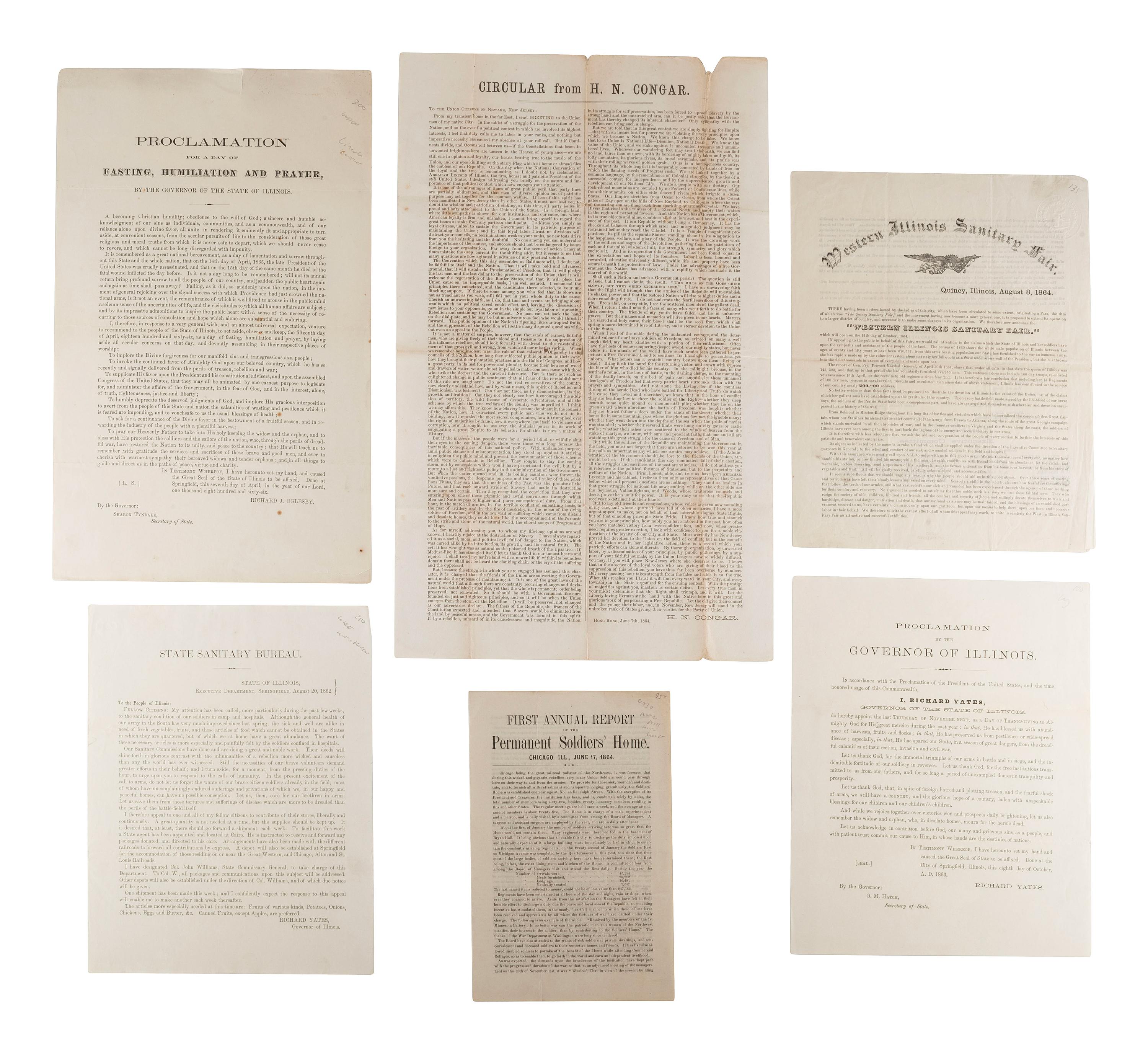 [CIVIL WAR]. A group of imprints and broadsides related to the Illinois war effort, including Sanitary Fairs, Soldiers' Homes, and proclamations for fasting and prayer.