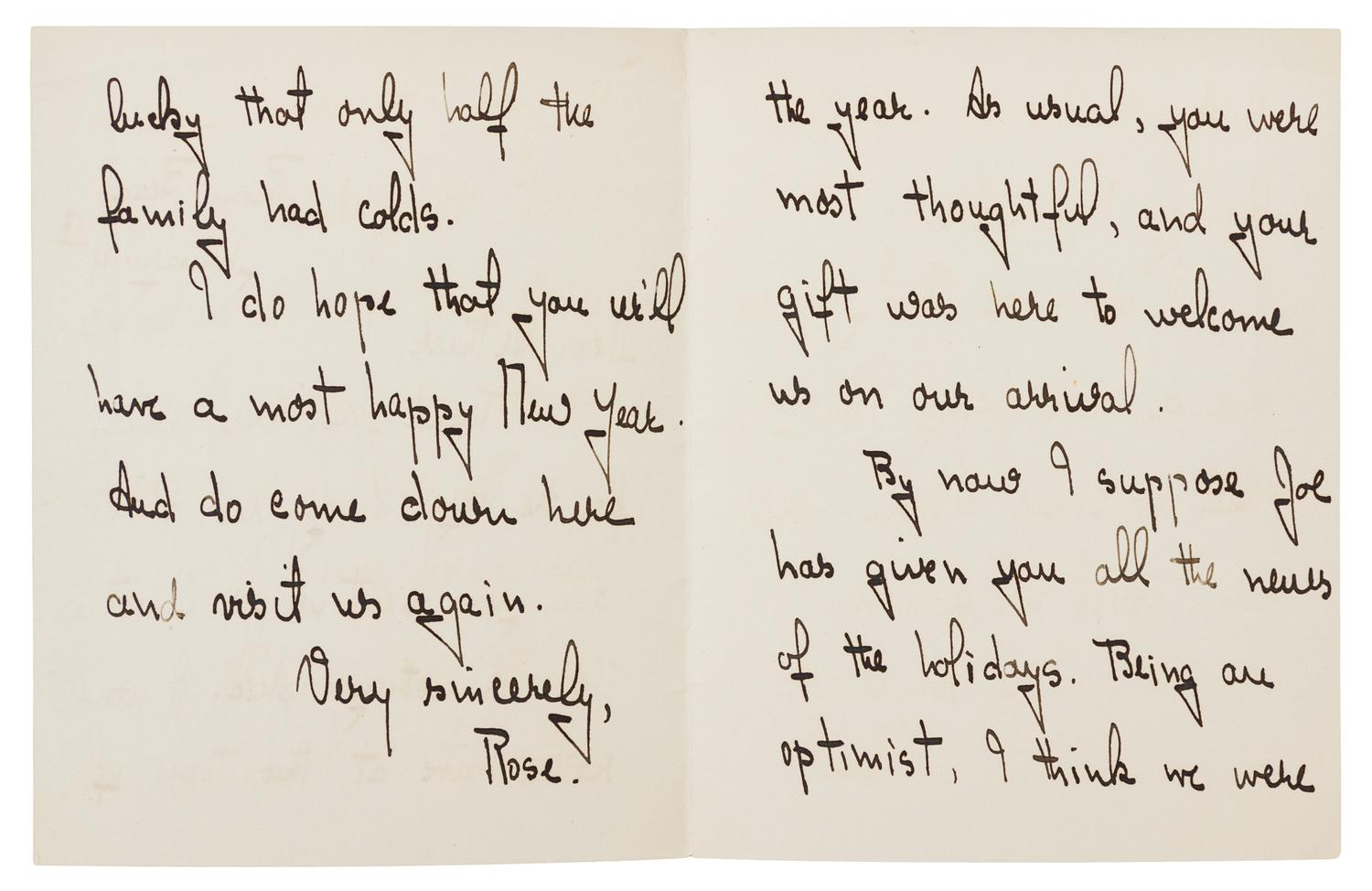 KENNEDY, Rose Fitzgerald (1890-1995). Autograph letter signed ("Rose"), to Arthur Goldsmith. Palm Beach, 4 January (no year).