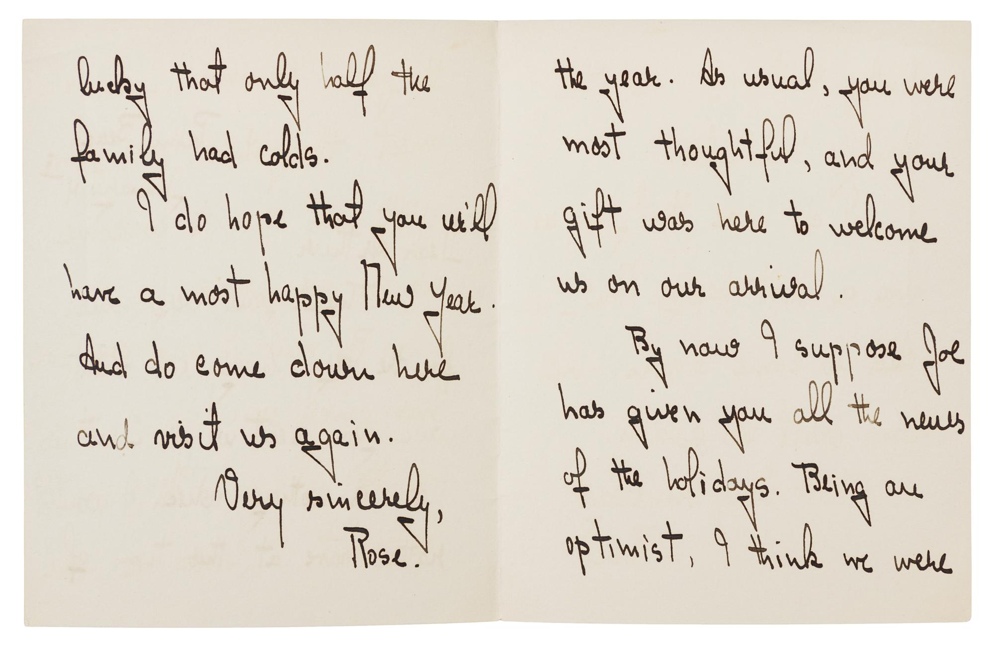 KENNEDY, Rose Fitzgerald (1890-1995). Autograph letter signed ("Rose"), to Arthur Goldsmith. Palm Beach, 4 January (no year).