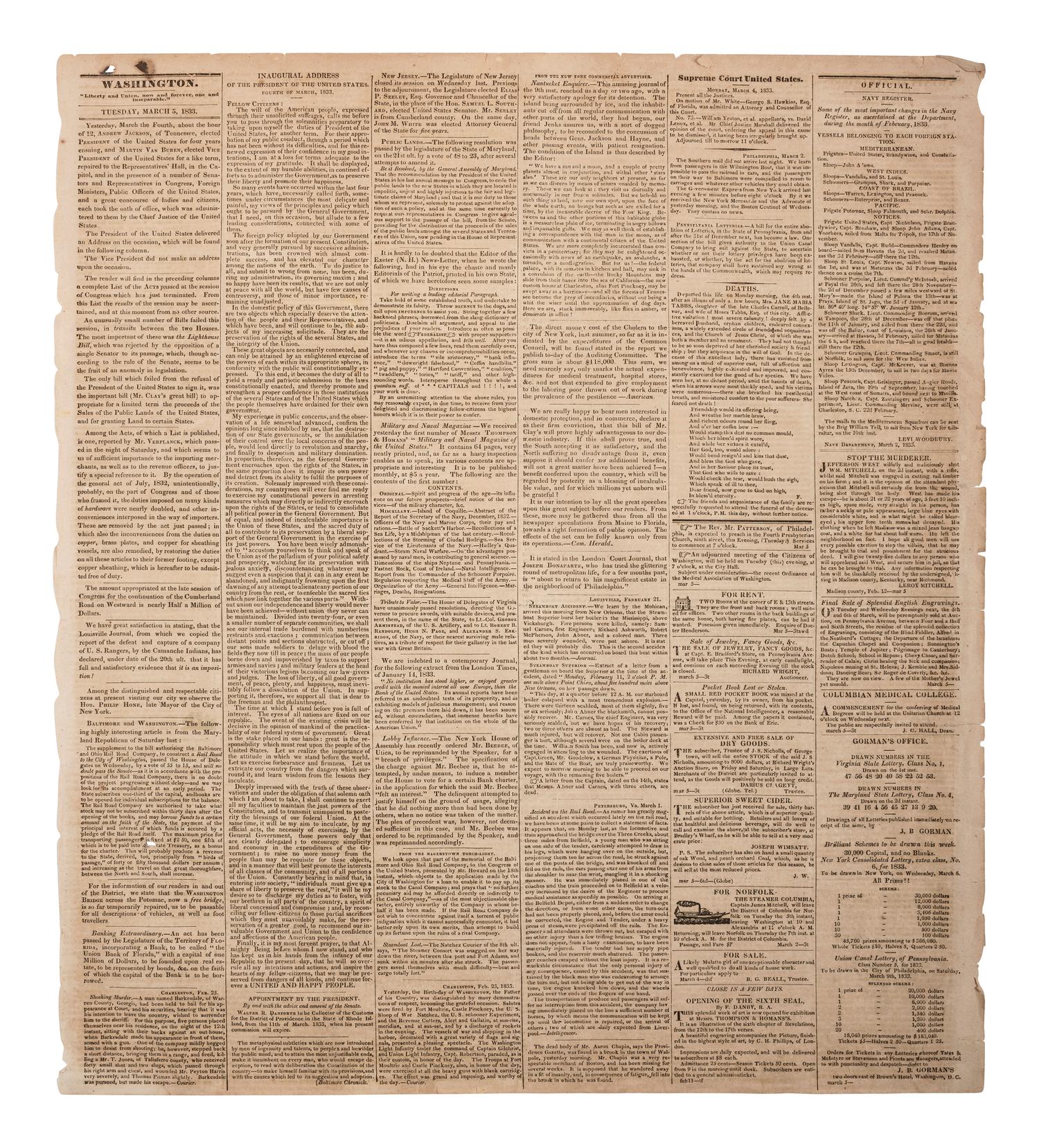 [POLITICS]. National Intelligencer . Vol. XXXIV, No. 4878. Washington, DC: Gales & Seaton, 5 March 1833. Containing Andrew Jackson's inaugural address.