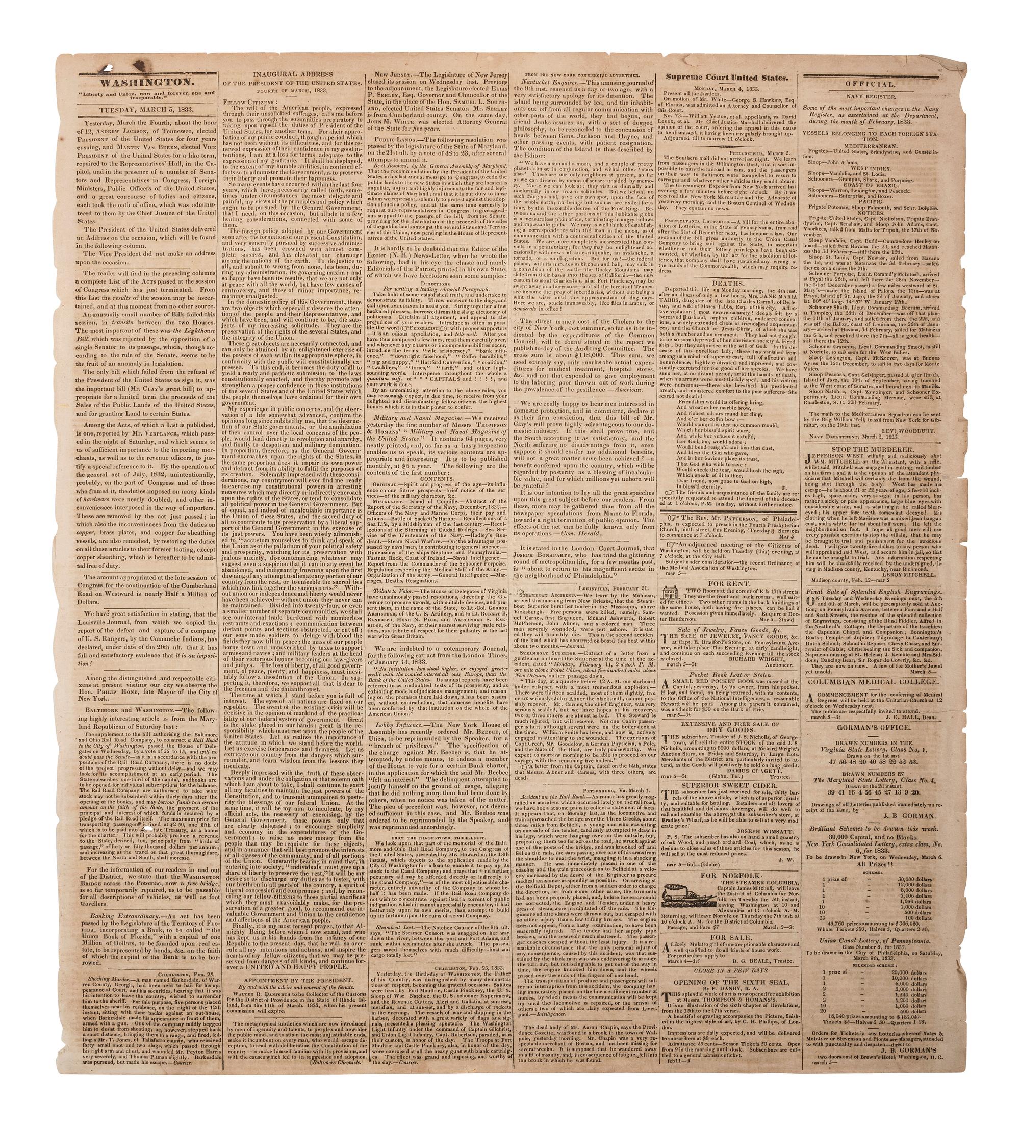 [POLITICS]. National Intelligencer . Vol. XXXIV, No. 4878. Washington, DC: Gales & Seaton, 5 March 1833. Containing Andrew Jackson's inaugural address.