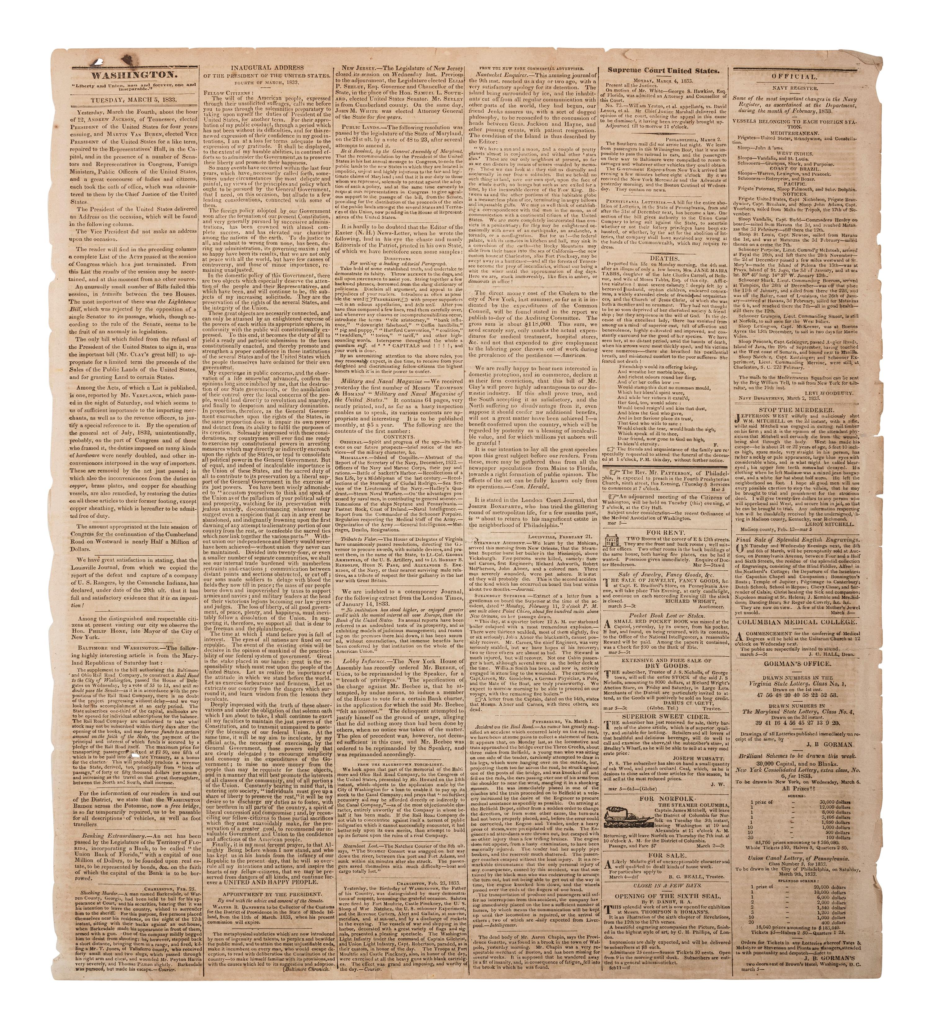 [POLITICS]. National Intelligencer . Vol. XXXIV, No. 4878. Washington, DC: Gales & Seaton, 5 March 1833. Containing Andrew Jackson's inaugural address.