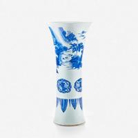 A large finely-decorated Chinese blue and white porcelain "Romance of the Western Chamber" gu-form beaker vase