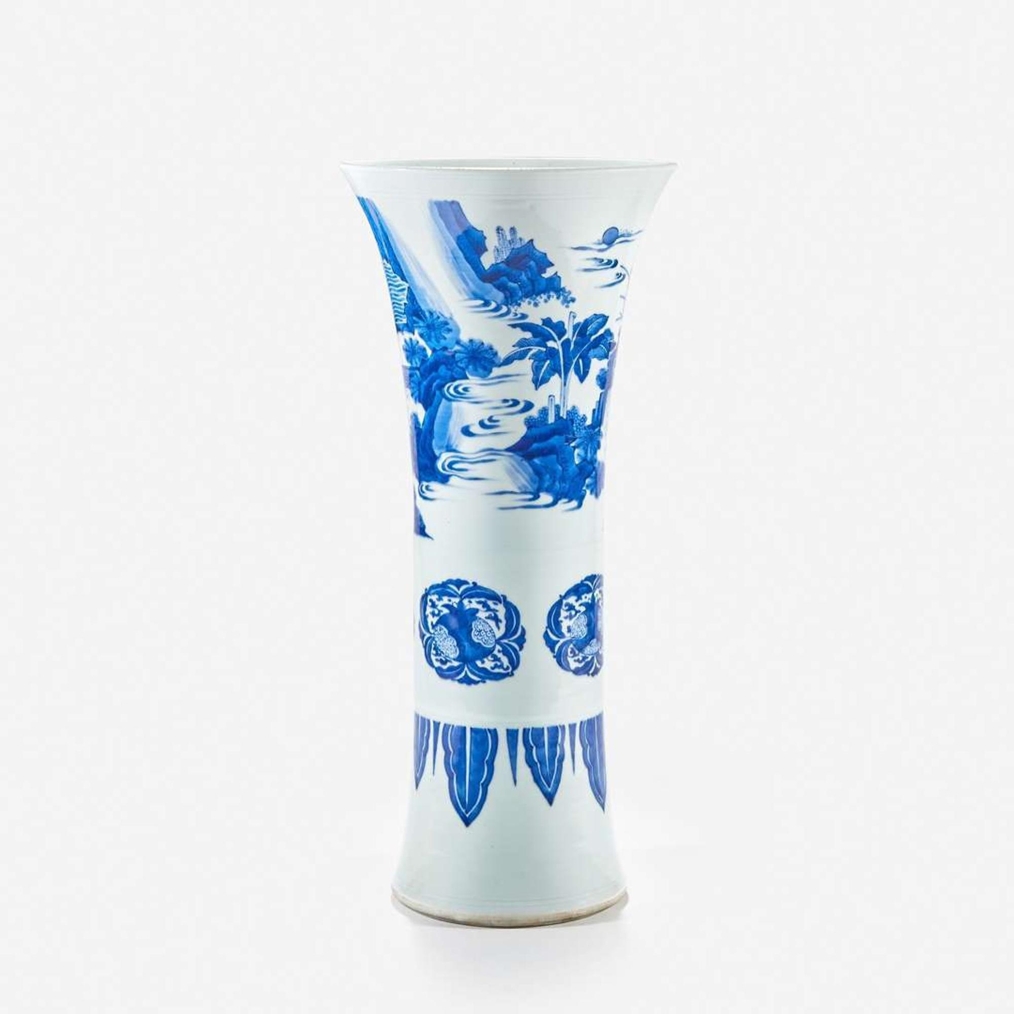 A large finely-decorated Chinese blue and white porcelain "Romance of the Western Chamber" gu-form beaker vase