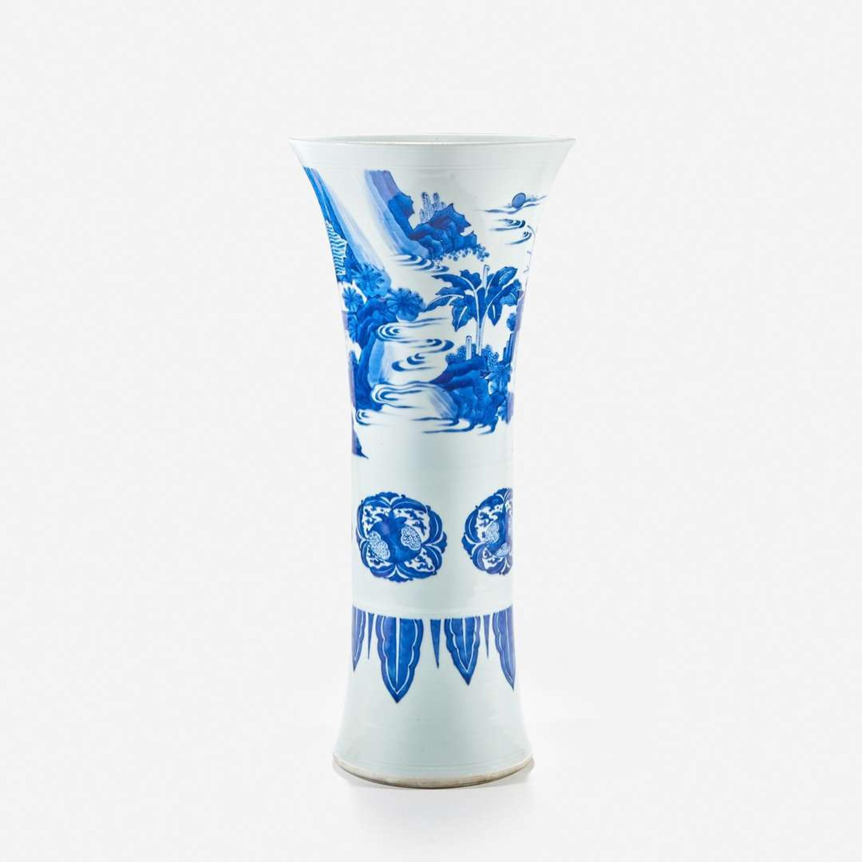 A large finely-decorated Chinese blue and white porcelain "Romance of the Western Chamber" gu-form beaker vase