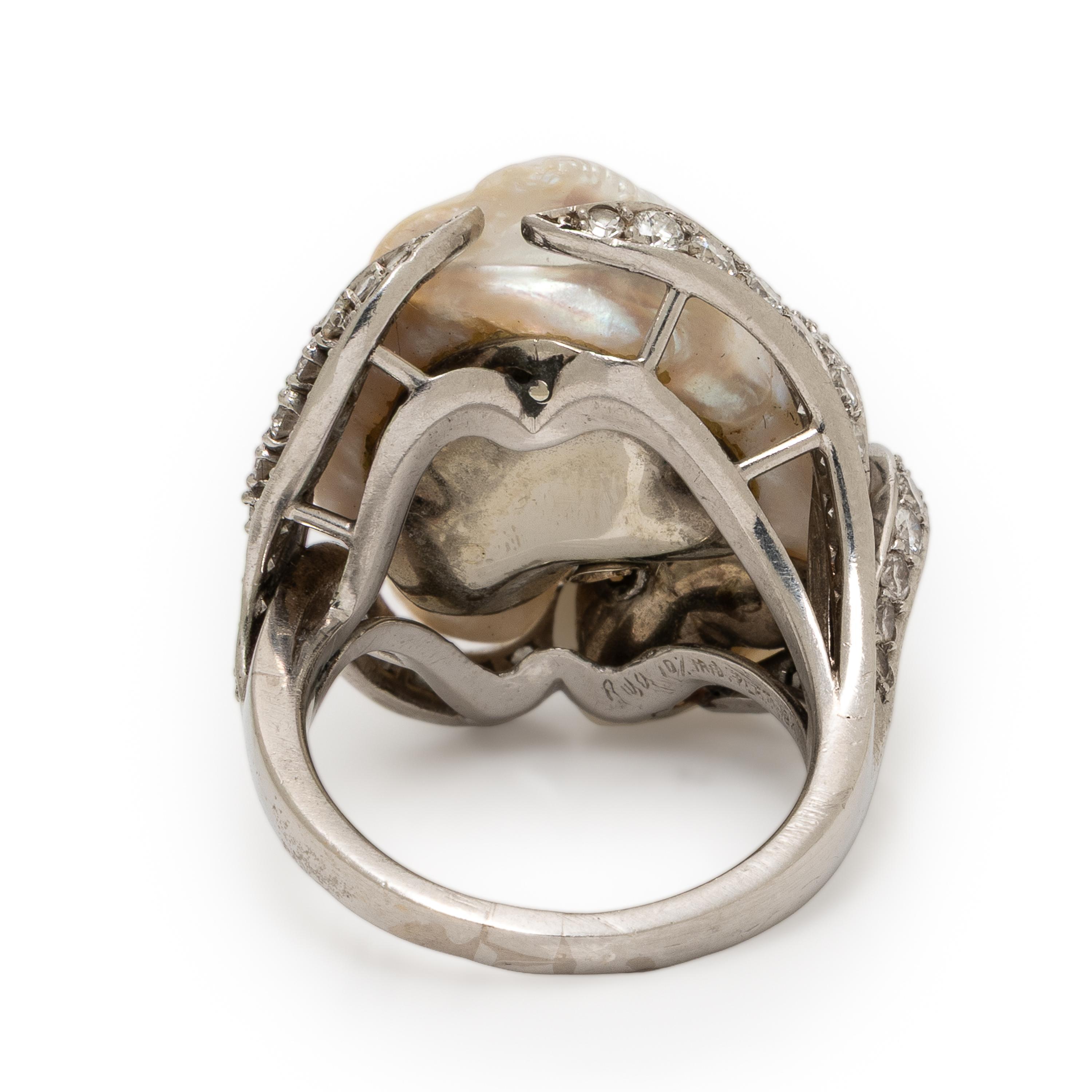 Ruser, Diamond, Baroque Cultured Pearl, and Platinum Ring