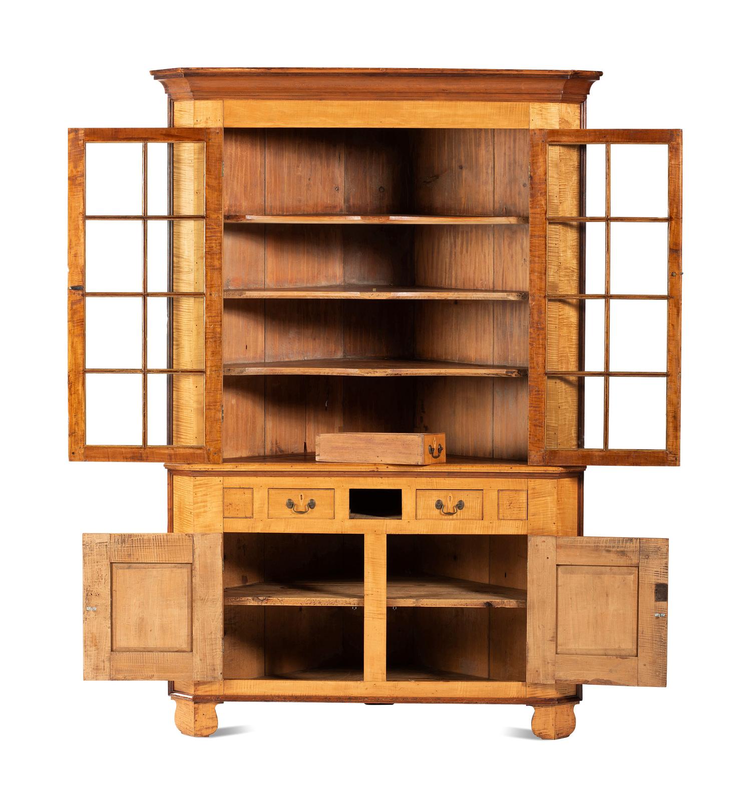 A Federal Style Tiger Maple Corner Cupboard